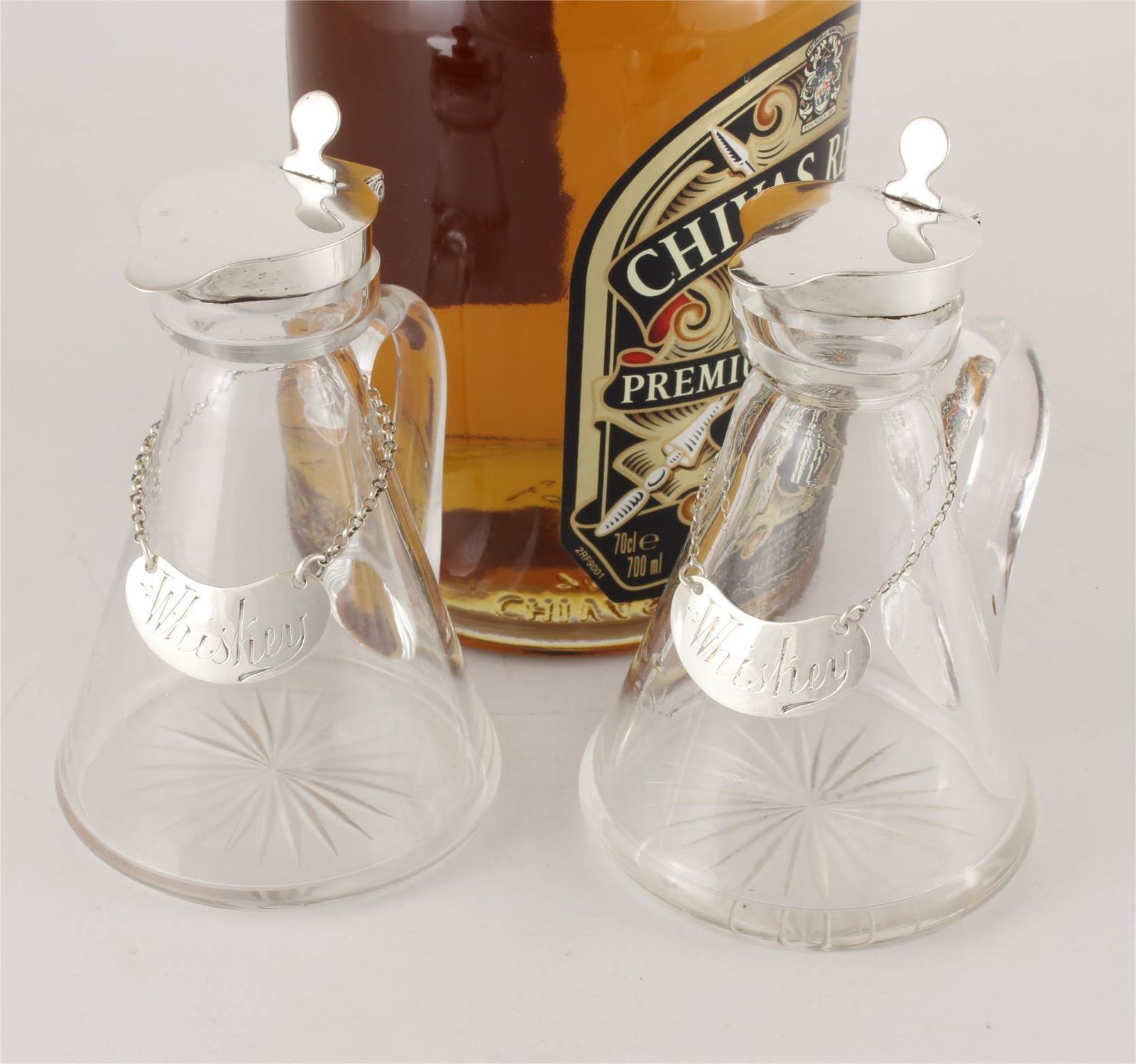 Pair Silver Mounted Glass Whisky Noggins & Tot Labels Hukin & Heath 1910.