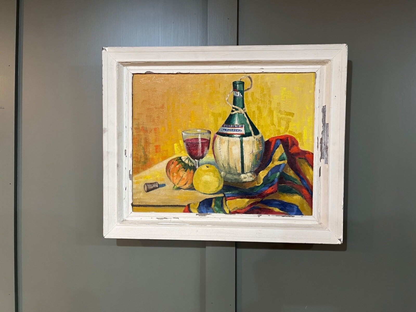A Vintage Painting Oil On Board Still Life Spanish Wine Bottle photo for sale