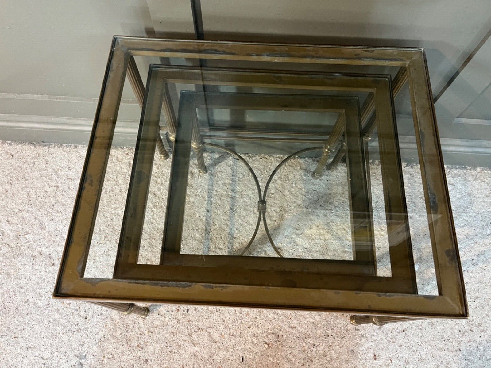 photo vinterior Vintage Glass & Brass Tables Nest Of Three 1970’s Excellent Condition