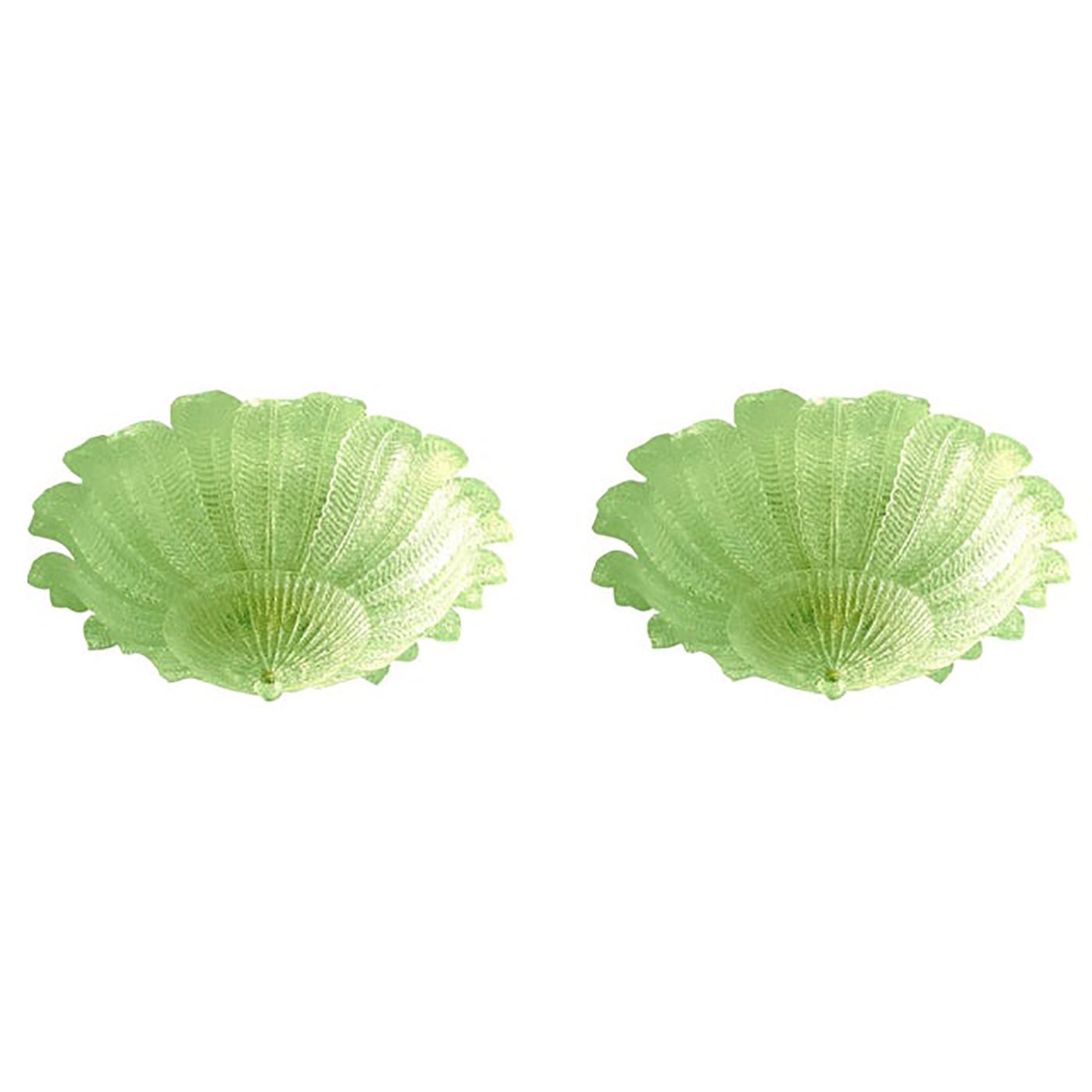 Lot Of 2 Mid Century Modern Style Venetian Green “Leafs” Murano Style Glass Flush Mount