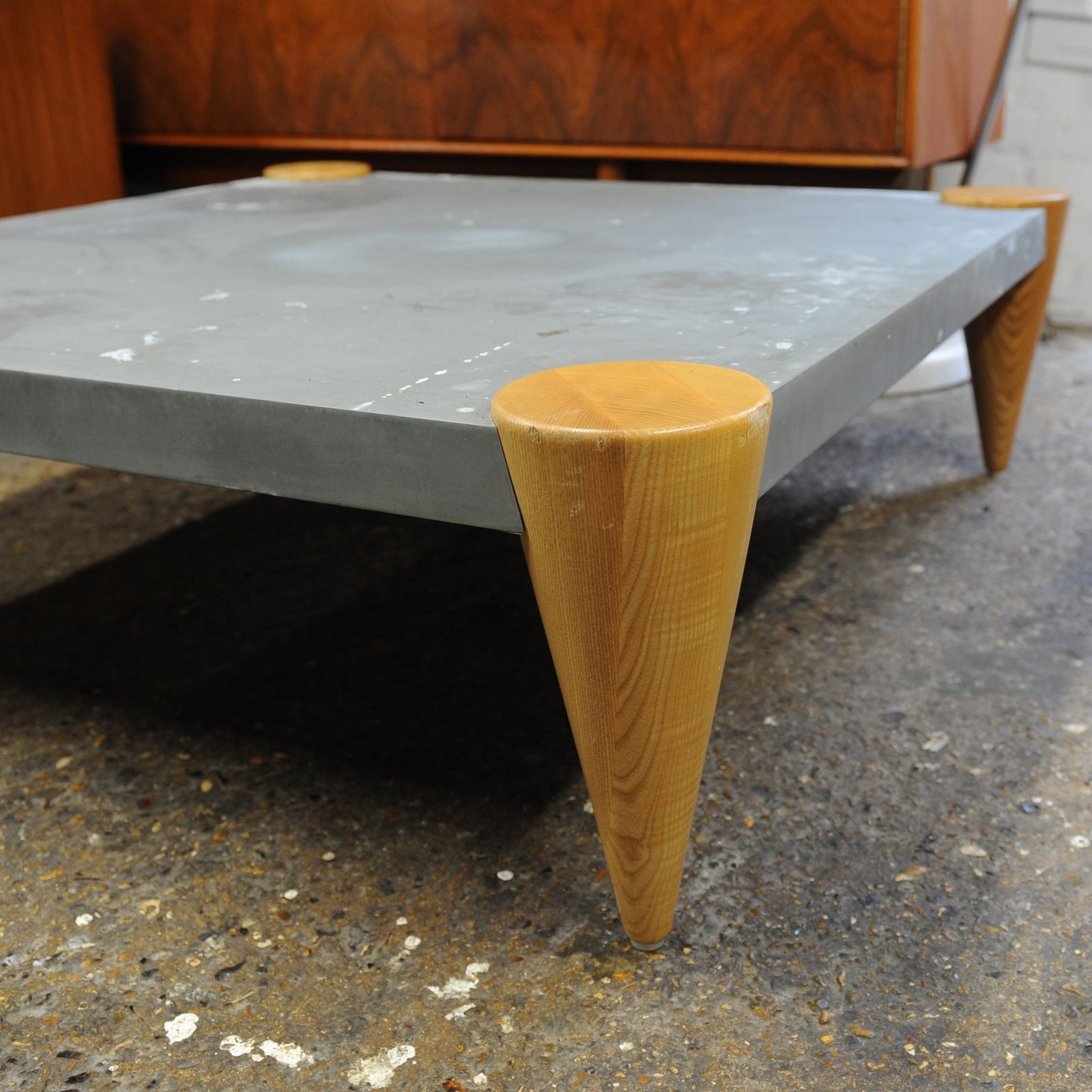 Zinc Square Coffee Table With Turned Oak Legs By Conran, 1980s photo buy