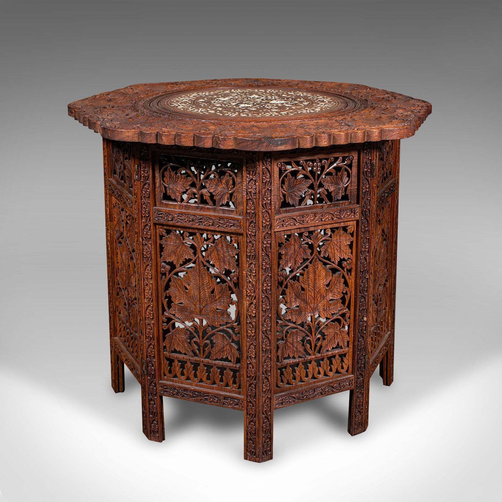 Vintage Campaign Tea Table, Burmese, Carved Teak, Display, Lamp, Art Deco, 1940 photo for sale