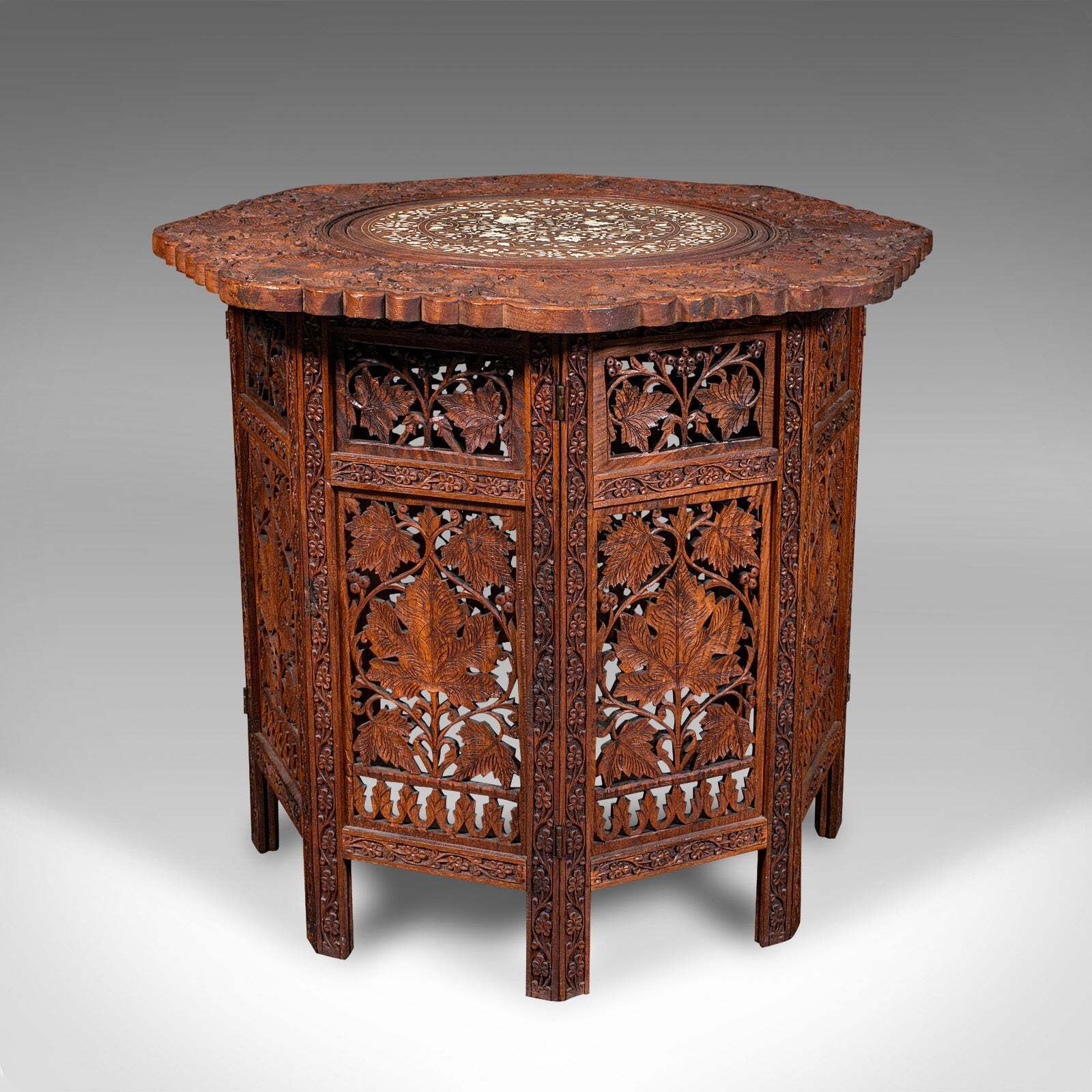 Vintage Campaign Tea Table, Burmese, Carved Teak, Display, Lamp, Art Deco, 1940 photo 1295.0