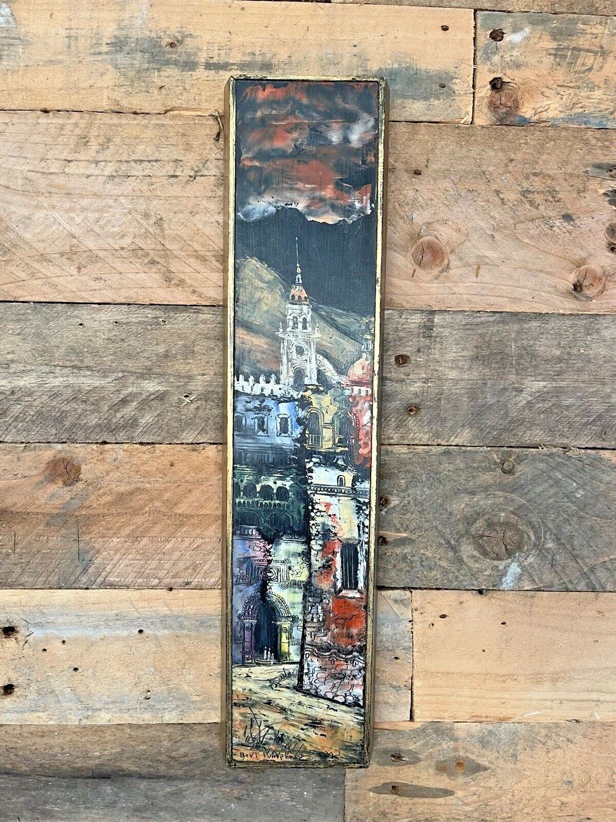 Art Framed Board Painting Medieval European Street Scene Clock Tower Bert Pumphrey photo