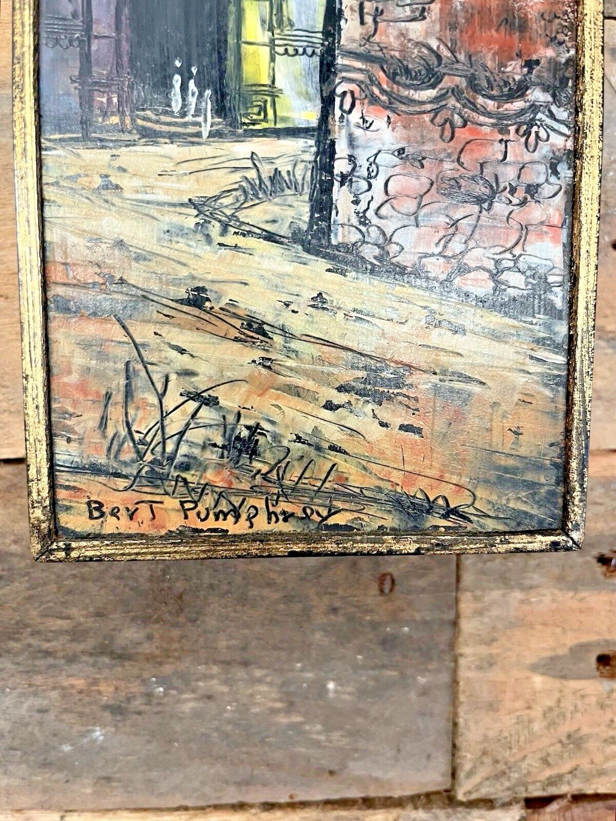 295.0 Framed Board Painting Medieval European Street Scene Clock Tower Bert Pumphrey photo