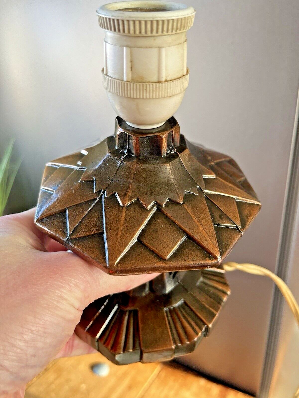 Superb 20s French Art Deco Geometric Copper Tone Metal Lamp Base Interior Design photo Lighting