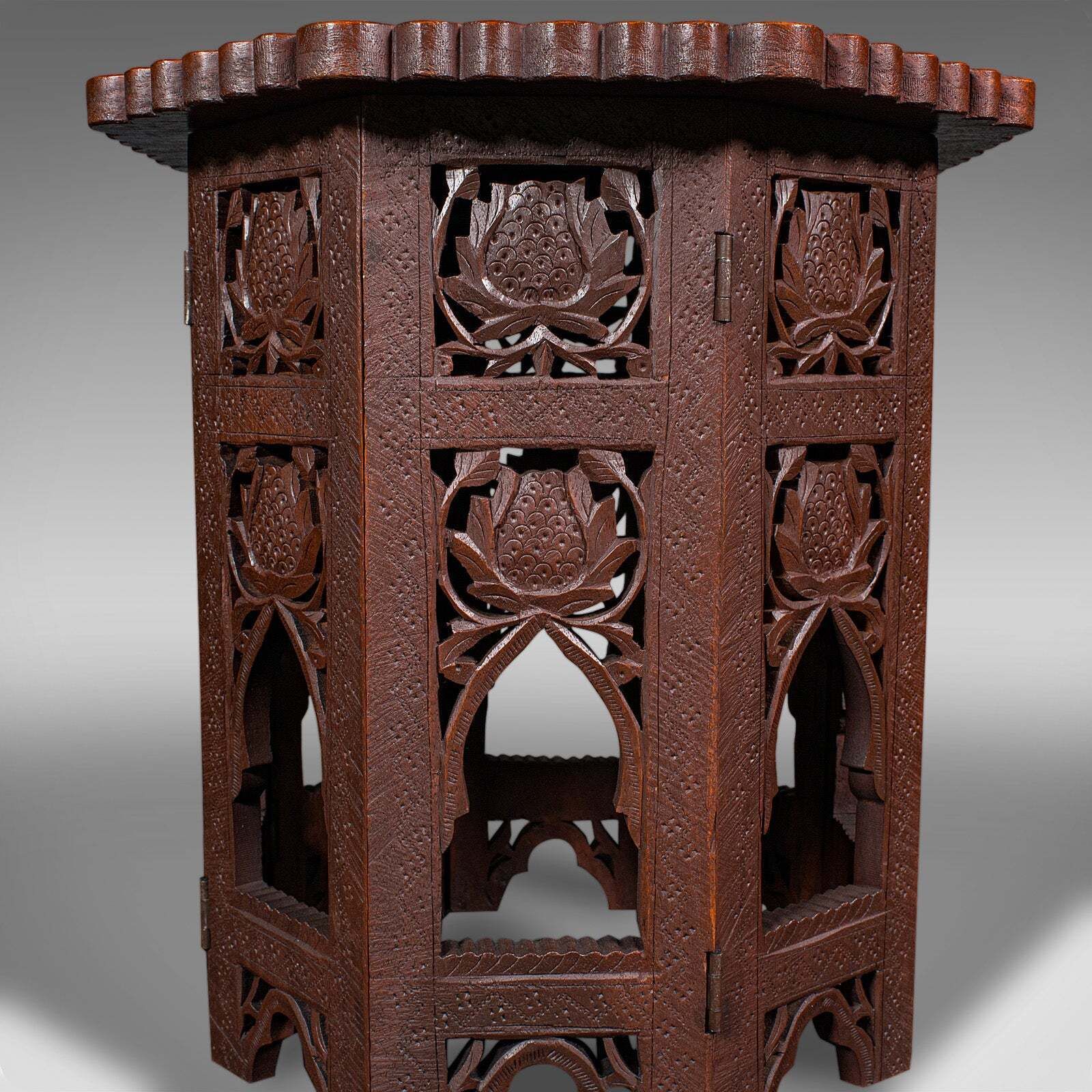 photo furniture Small Vintage Campaign Ornamental Table, Burmese Teak, Folding, Lamp, Art Deco