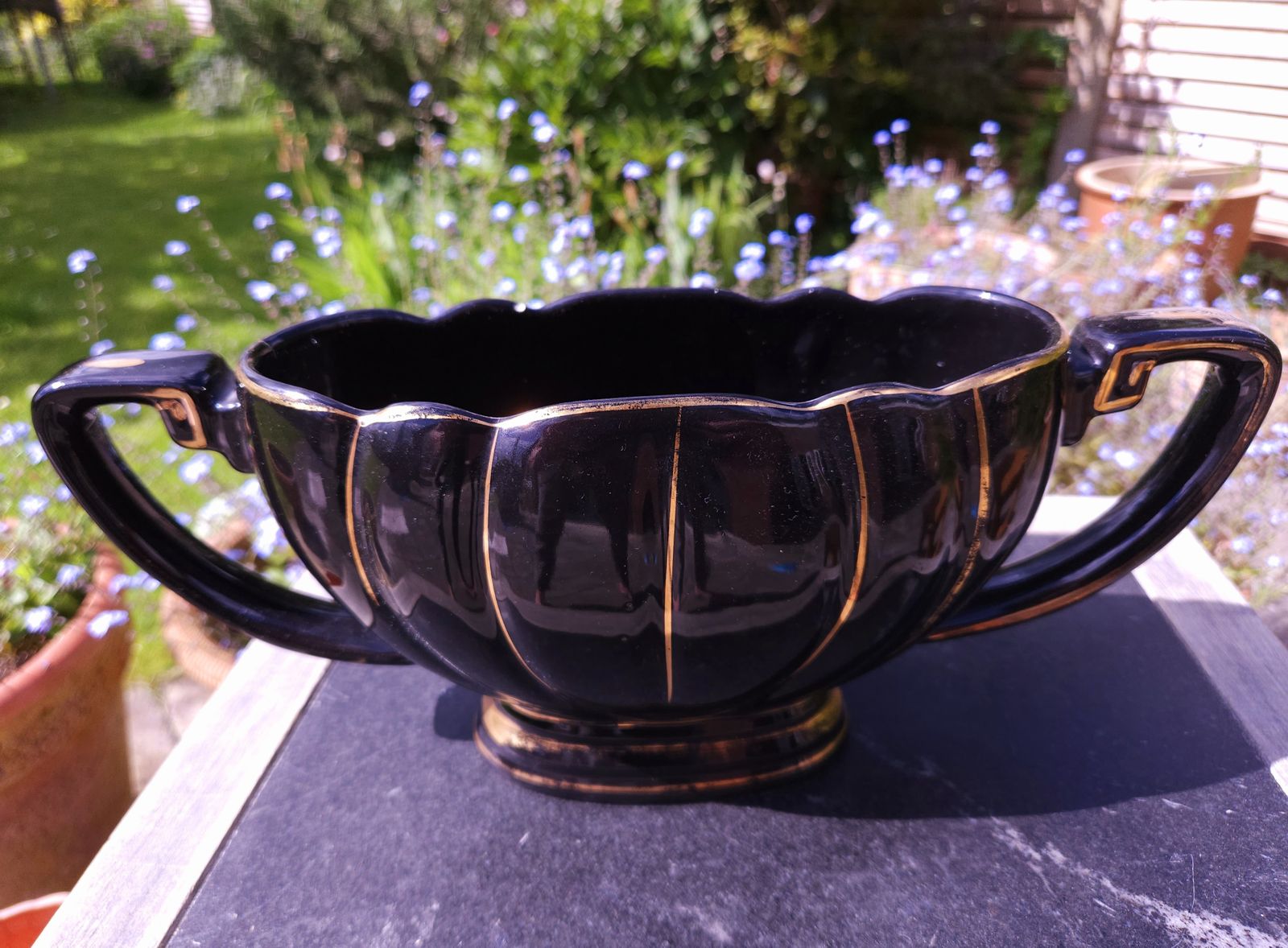 Impressive Art Deco Black Scalloped Mantle Vase With Gold Trim By Sadler