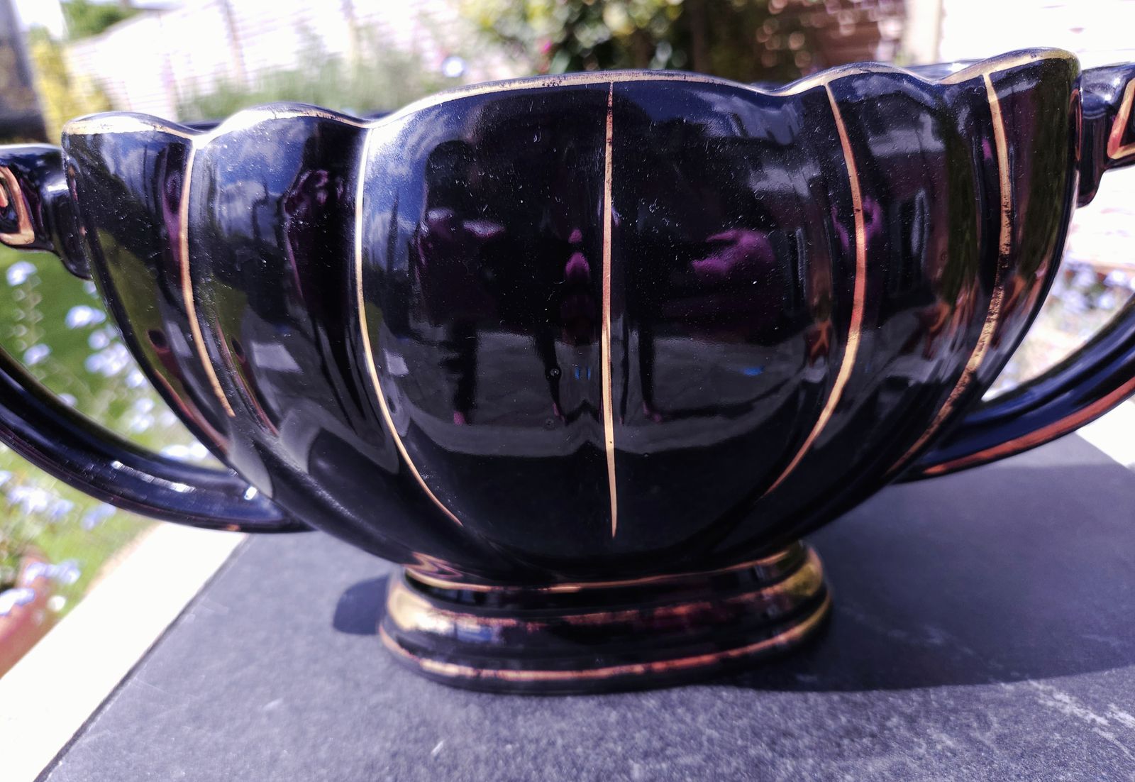 Impressive Art Deco Black Scalloped Mantle Vase With Gold Trim By Sadler photo for sale