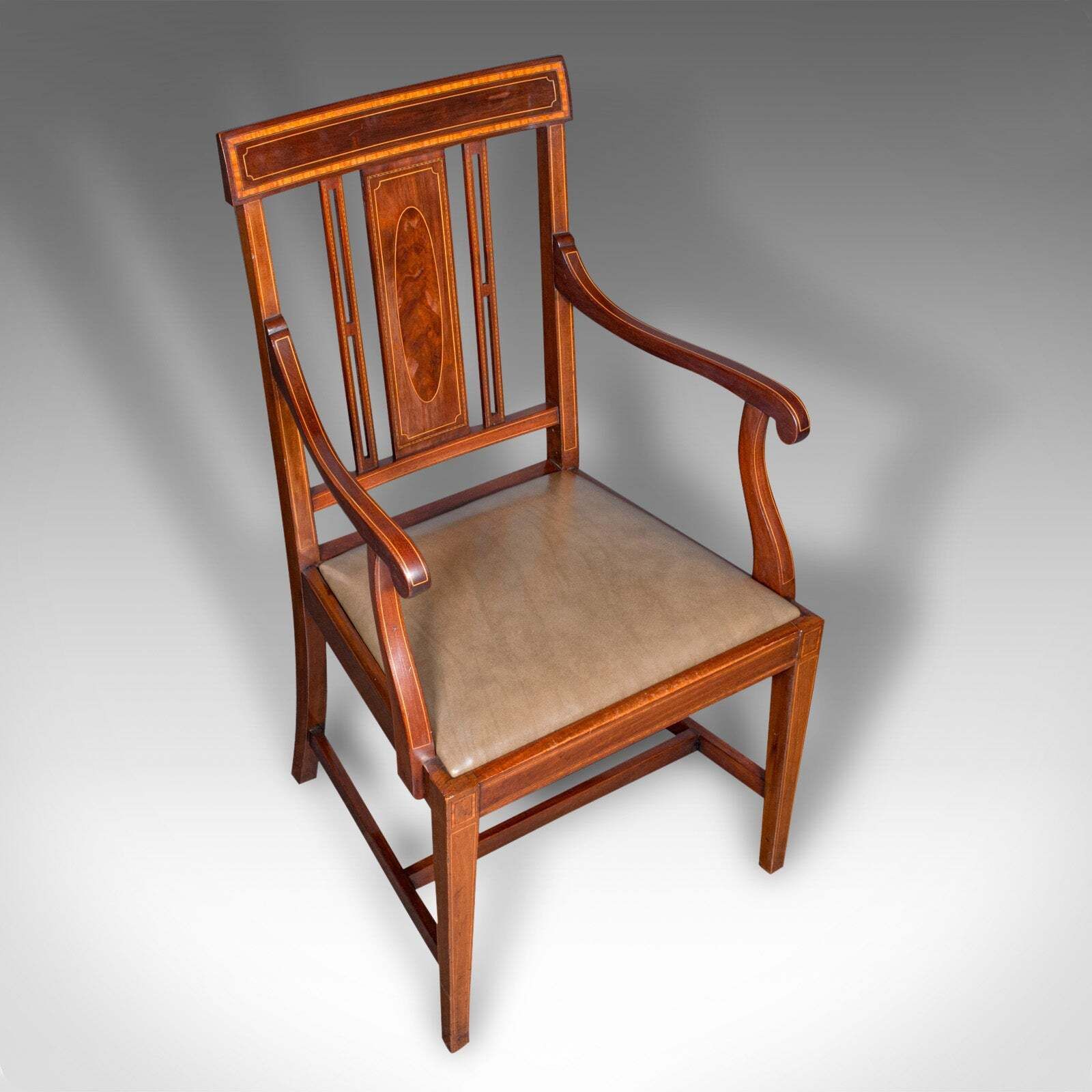 Antique Morning Room Side Chair, English Walnut Elbow Seat, Shoolbred, Edwardian photo vinterior