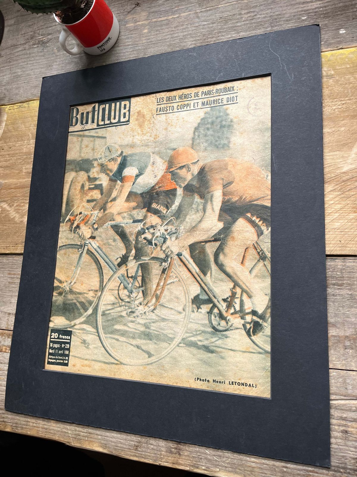 Fausto Coppi Marcel Bidot Bianchi Paris Roubaix Original Vintage Cycling Print 1950 photo for sale