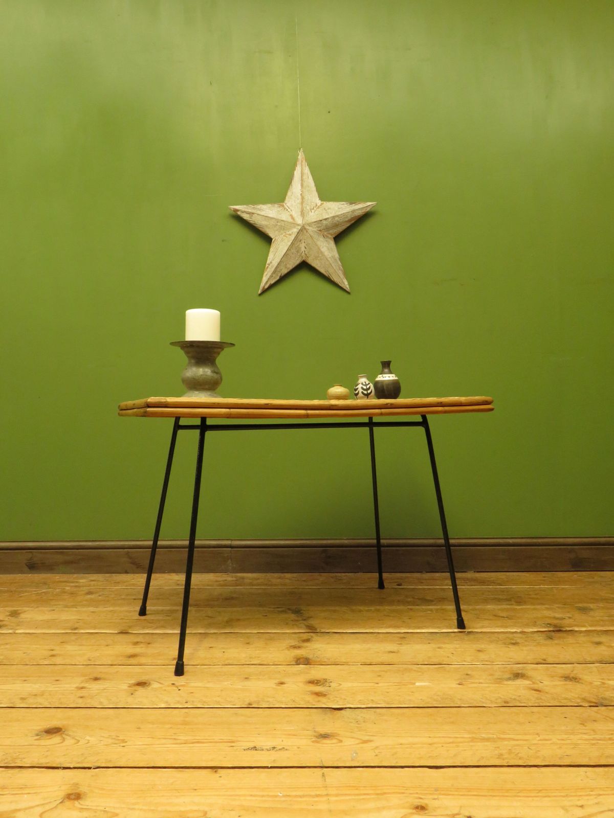 photo for sale Modernist Bamboo And Rattan Coffee Table With Metal Base