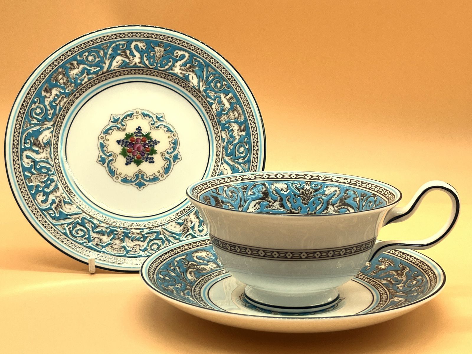 Wedgwood China Turquoise Florentine Design Peony Shape Tea Cup & Saucer Duo. W2714.