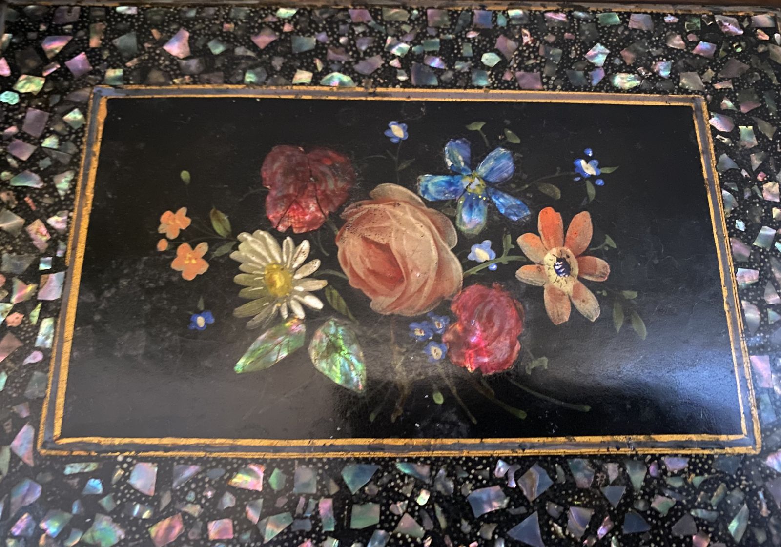 A Victorian Papier Mache Box Inlaid With Mother Of Pearl. photo for sale