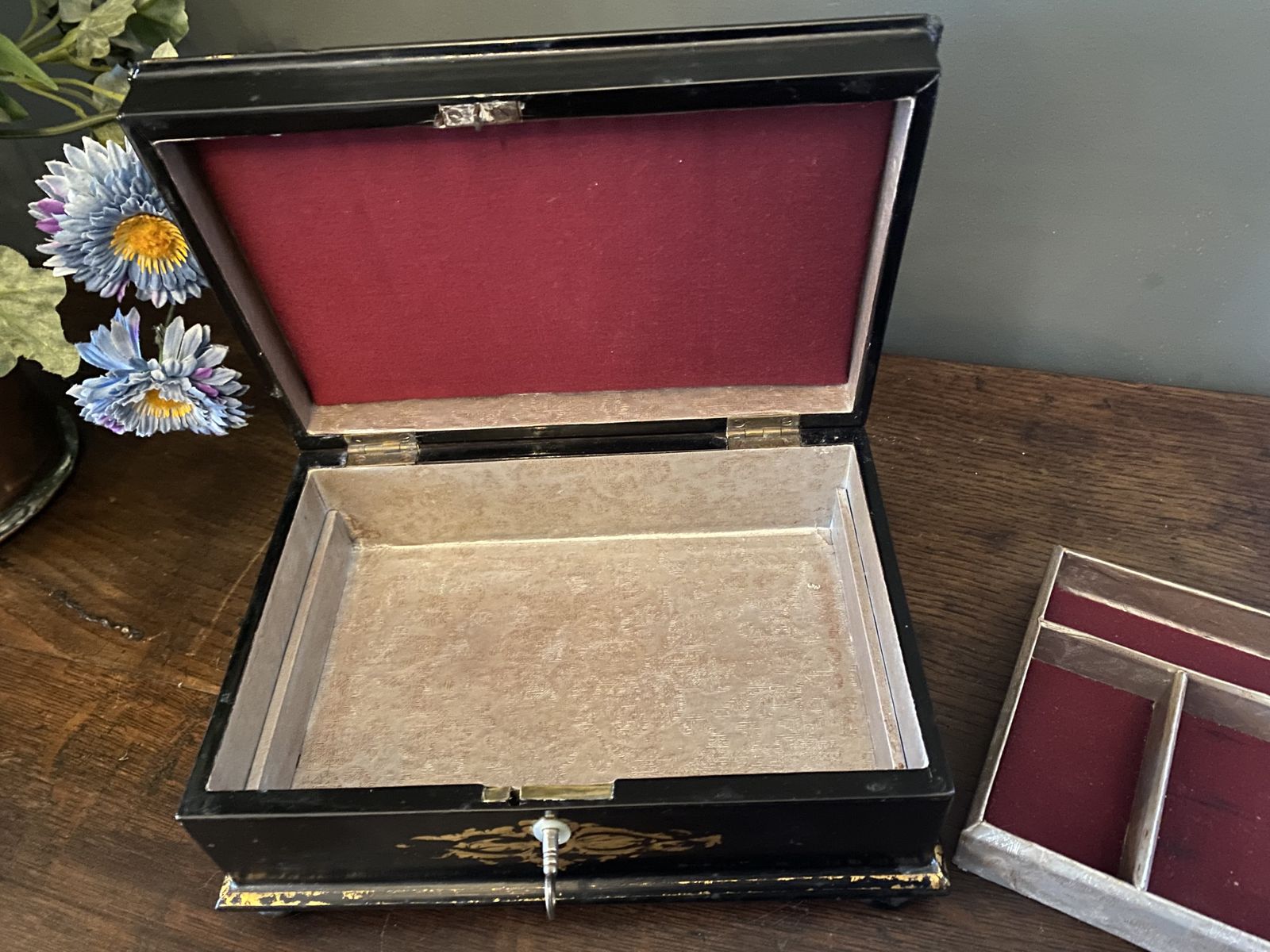 A Victorian Papier Mache Box Inlaid With Mother Of Pearl. photo vinterior