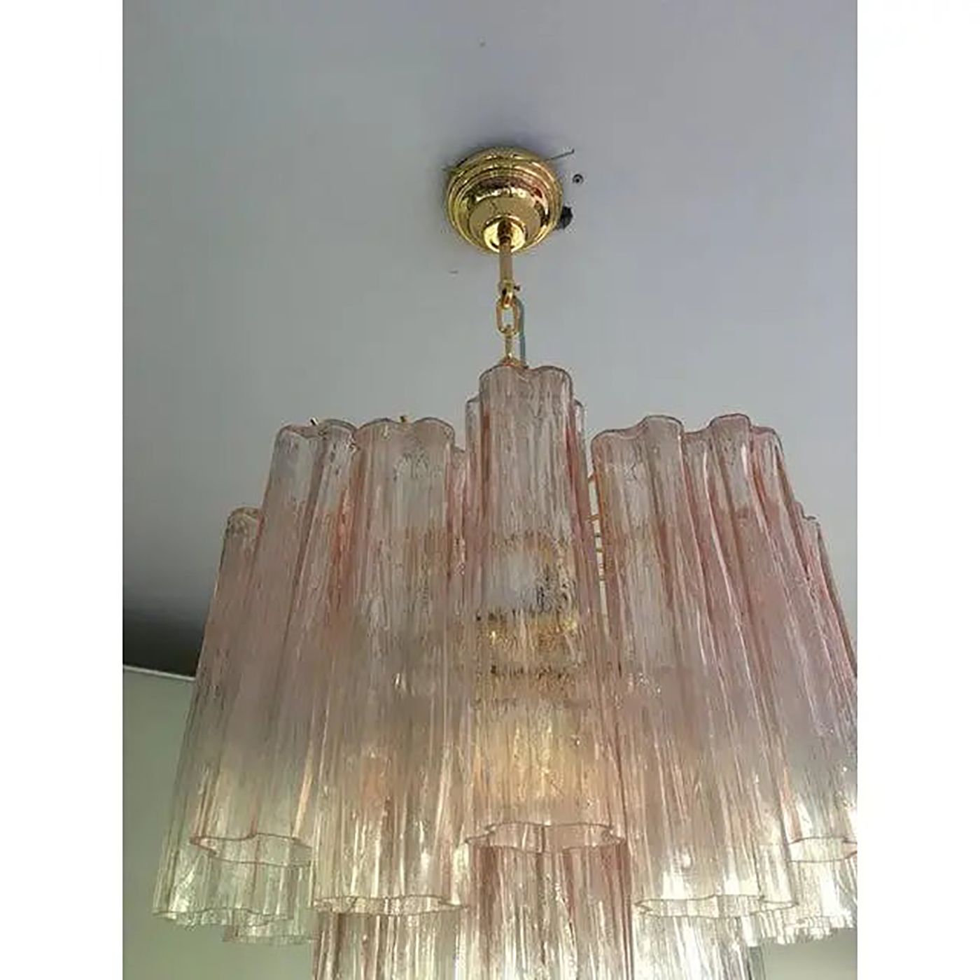 Set Of 2 Contemporary Murano Style Glass Pink "Tronchi" Chandelier With Gold 24k Metal Frame photo for sale