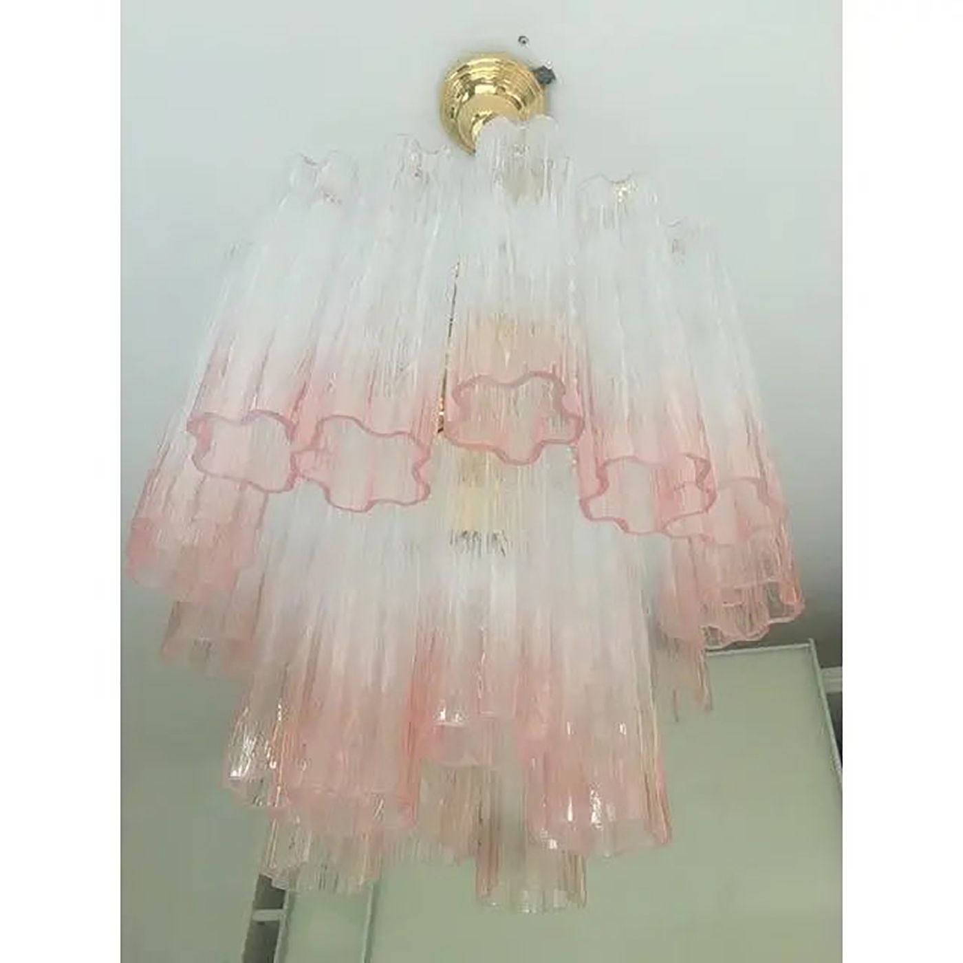 Pair Of Murano Style Glass Vanished Pink Tronchi Venini Style Chandeliers photo vinterior