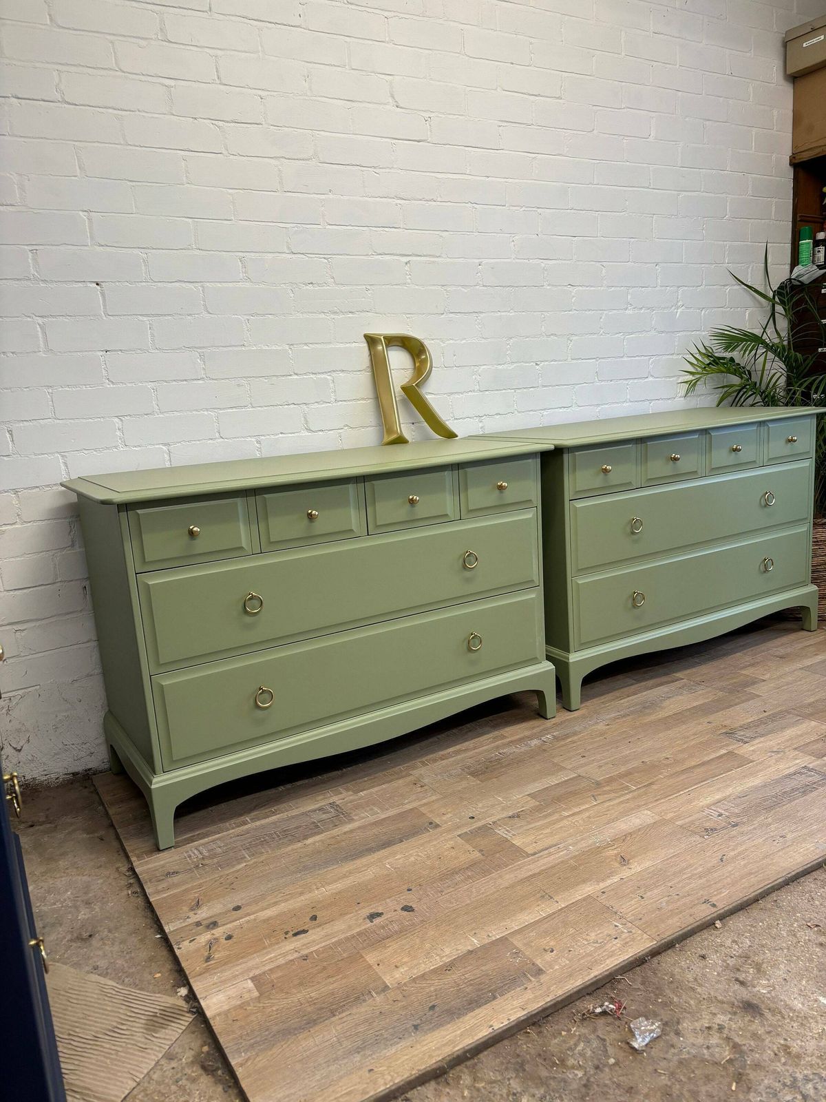Pair Of Stag Minstrel Chest Of Drawers 4 Over 2 Painted Green photo 1290.0