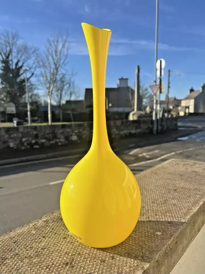 Mid Century Modern 50s Swedish Lindshammar Glass Yellow Bottle Vase Gunnar Ander photo furniture