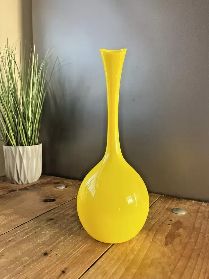 photo for sale Mid Century Modern 50s Swedish Lindshammar Glass Yellow Bottle Vase Gunnar Ander