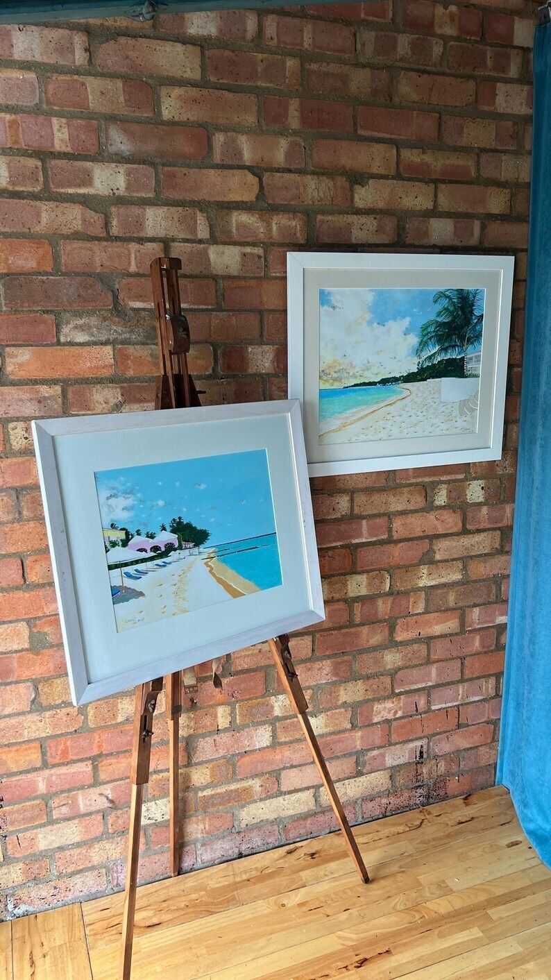Set Of Two Framed Beach Scene Oil Paintings – Coastal Tropical Art