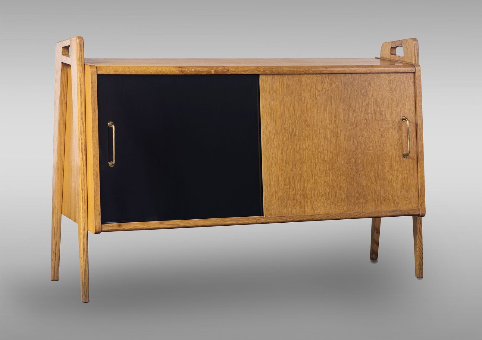 Pair Of Oak Sideboards With Sloping Front, Sliding Doors, One Of Them Lacquered photo for sale