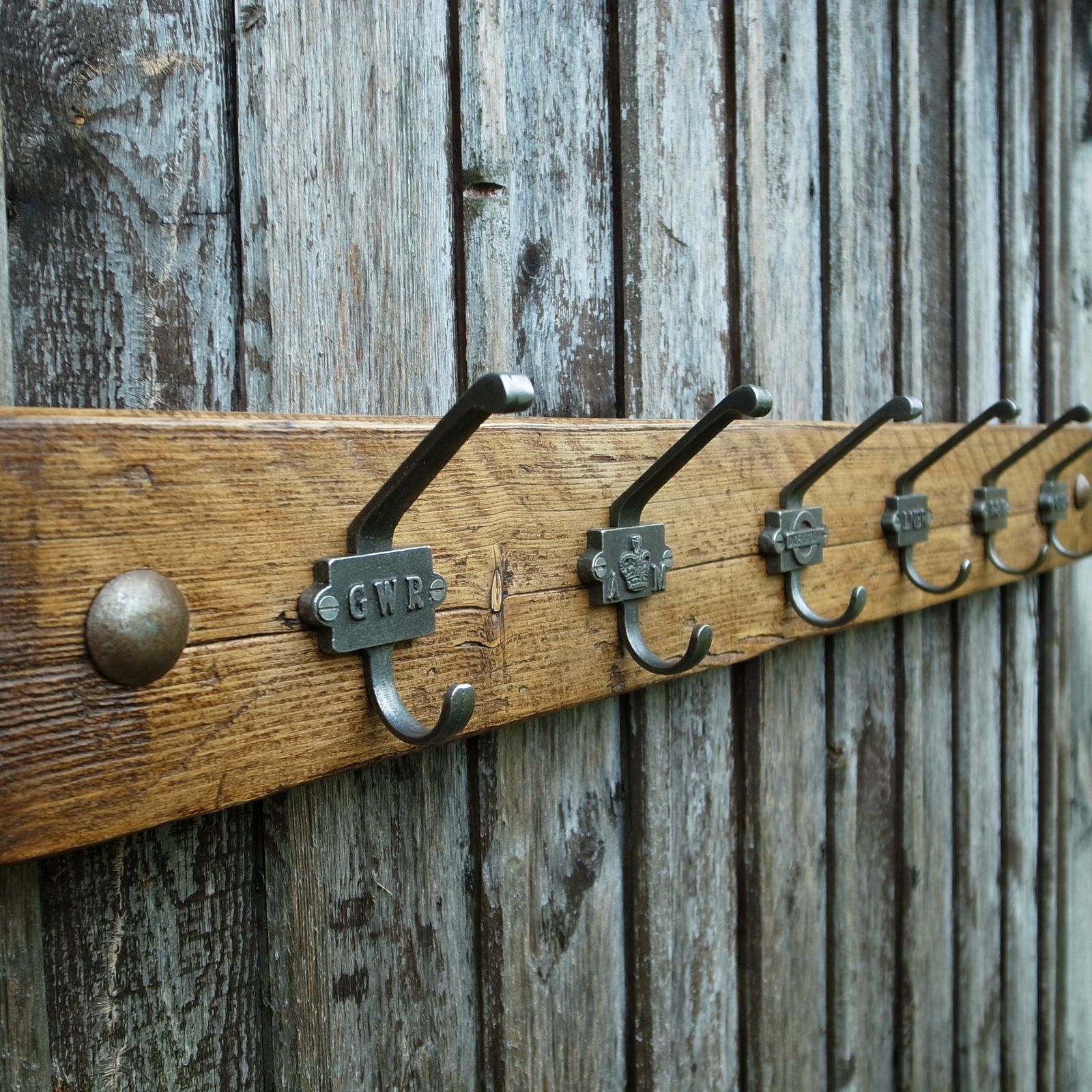 Reclaimed Wooden Coat Rack With Industrial Cast Iron Cloakroom Hooks photo for sale