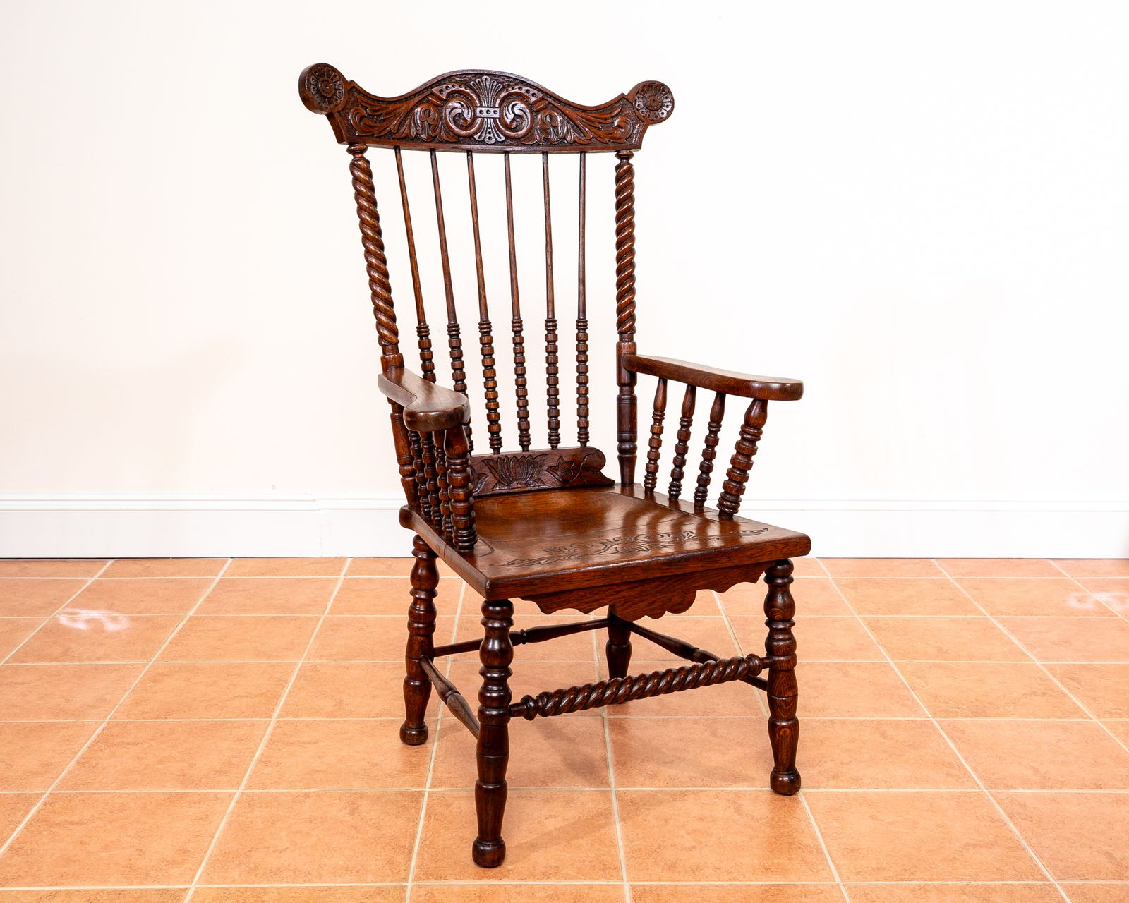 Impressive Antique Oak Windsor Chair Country House Statement Fan Back Fireside Grandfather Armchair Ornate Decorative Carver Hall Throne Chair photo for sale