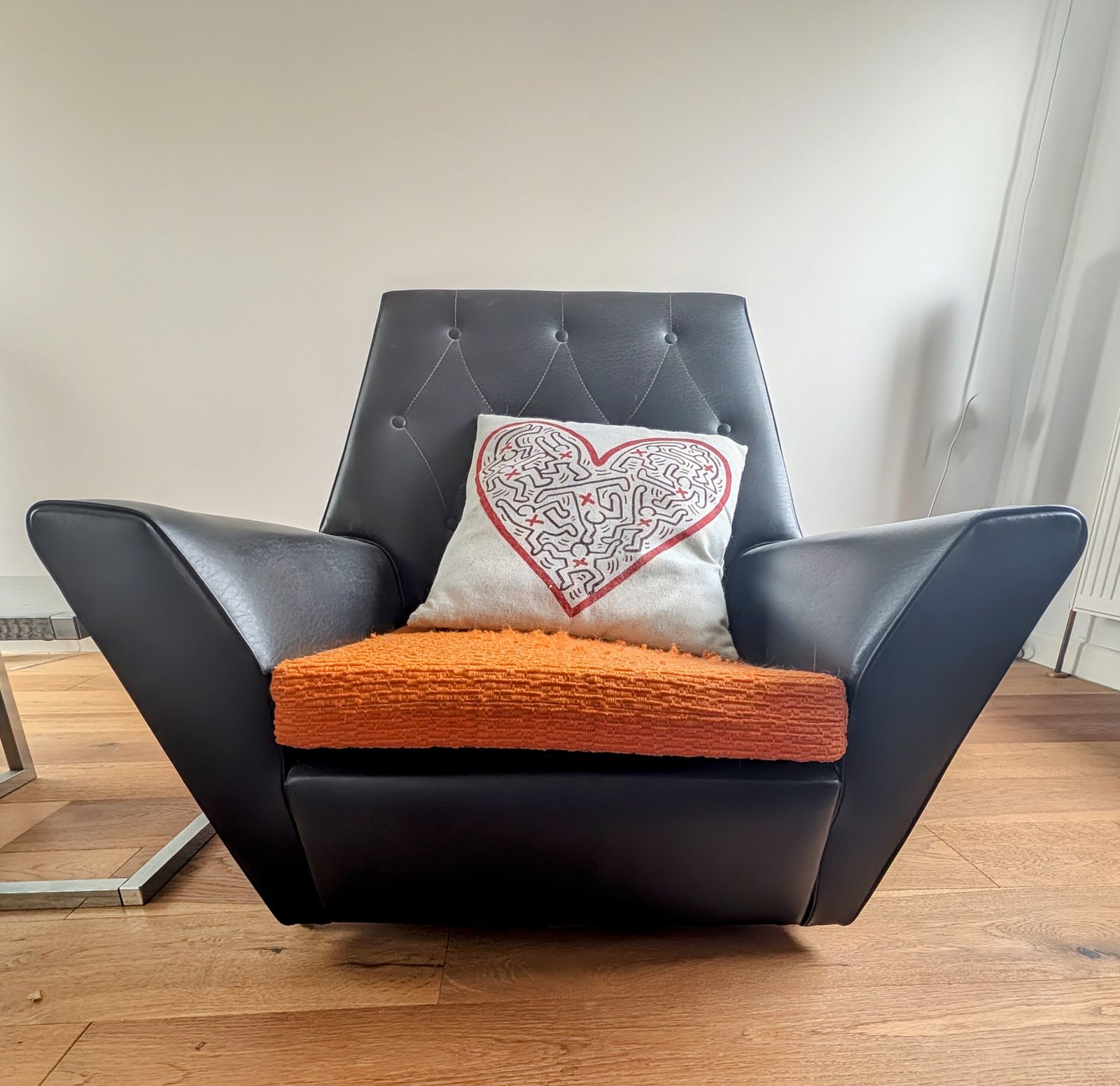 Pair Of Mid Century Vintage 1960s Black Vinyl & Orange Armchairs photo furniture