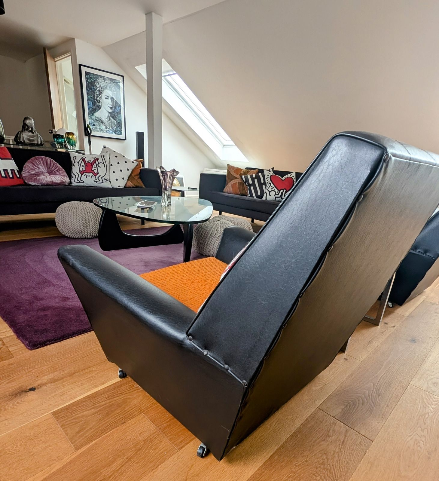 Pair Of Mid Century Vintage 1960s Black Vinyl & Orange Armchairs photo vinterior