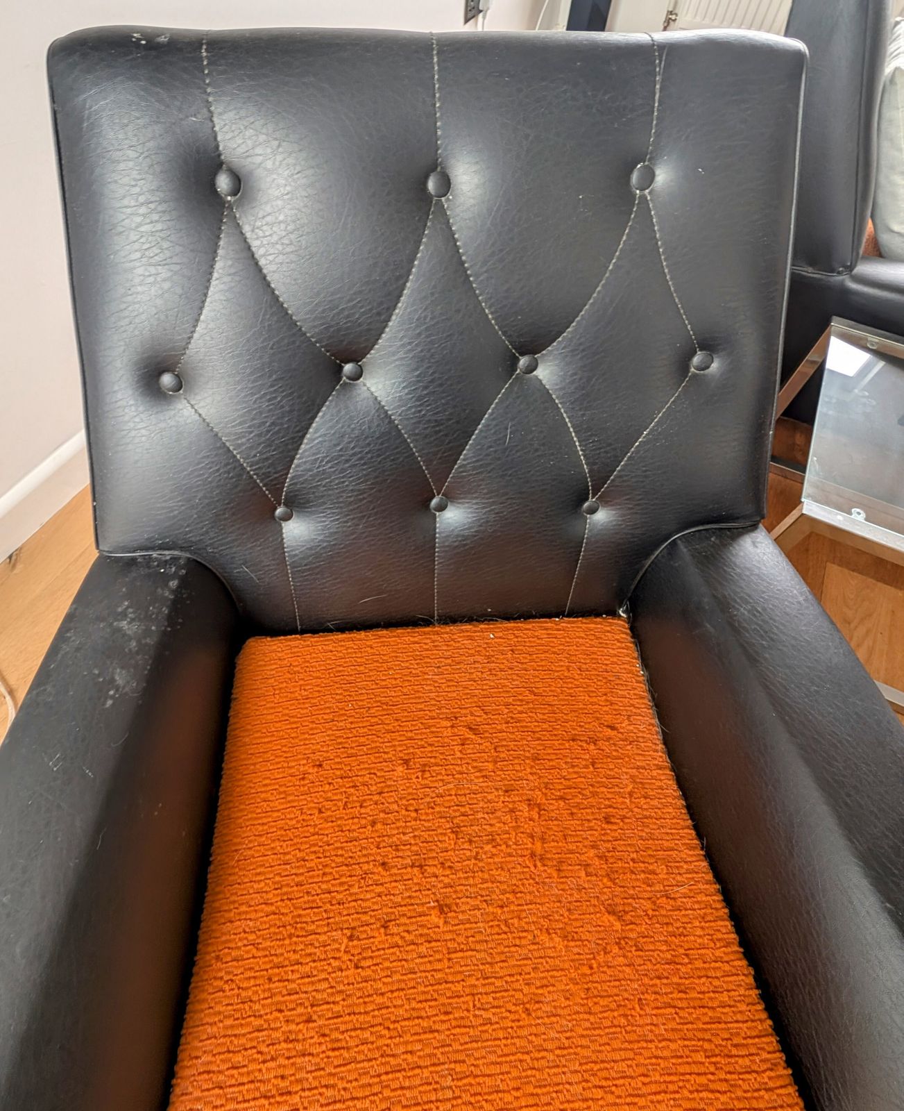 Furniture Pair Of Mid Century Vintage 1960s Black Vinyl & Orange Armchairs photo