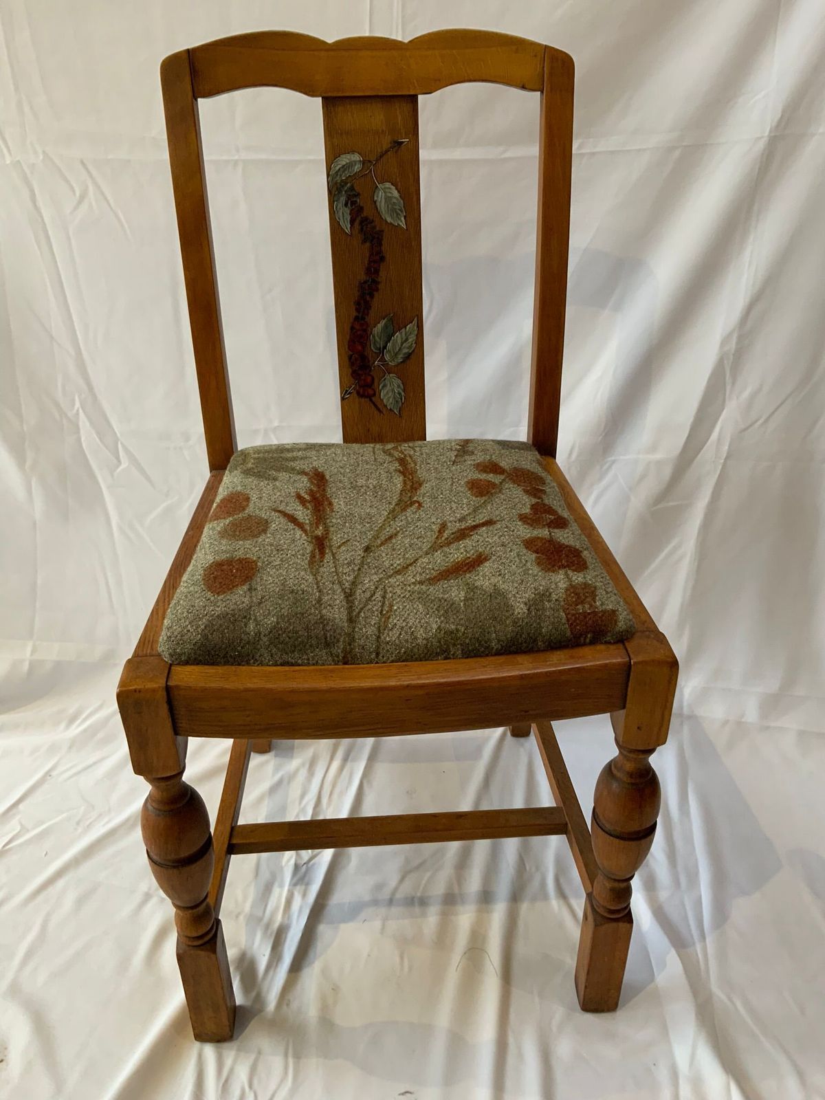 4 X Solid Wood Utility Chairs. Each Having Been Stripped, Repaired, Restored, Upholstered And Pyrographed To Match The Natural Wool Fabric photo furniture