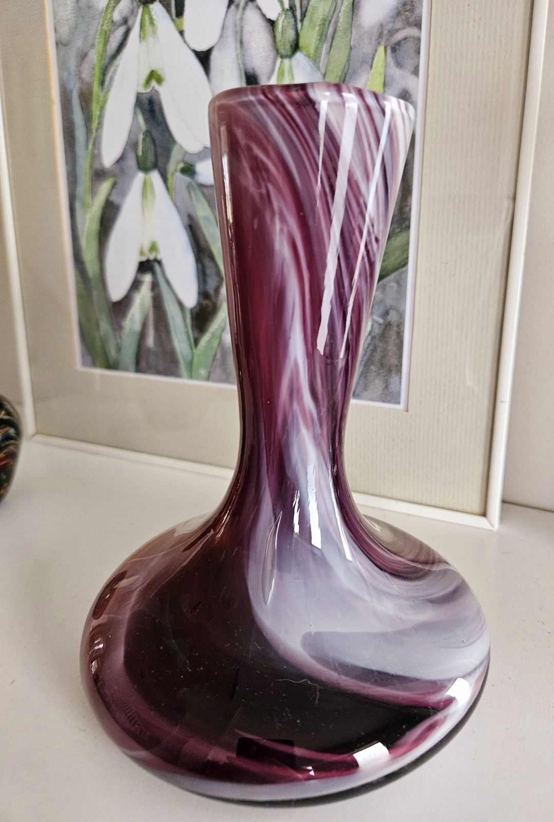 Beautiful Murano Style Glass Vase With Swirled Marbling Effect In Plum Tones photo for sale