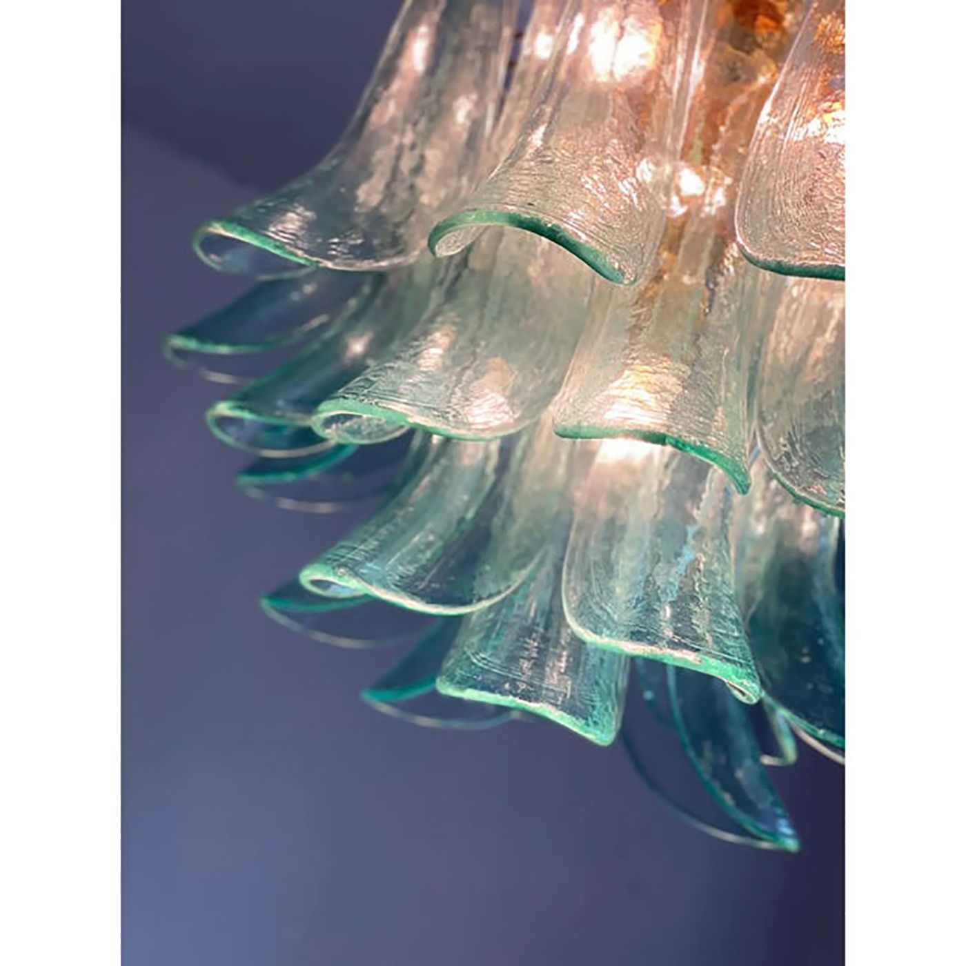 photo for sale Lot Of 2 Contemporary Green Murano Style Glass "Sella" Chandelier With Gold 24k Metal Frame In Mazzega Style