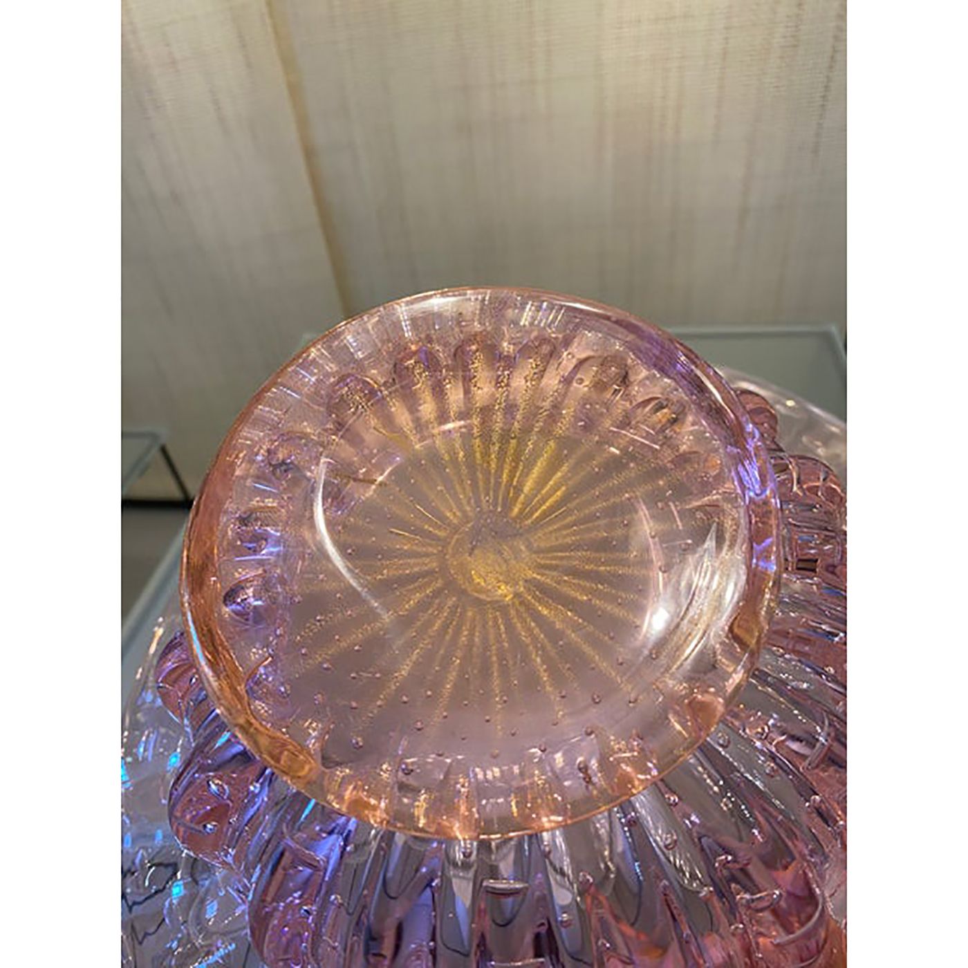 photo for sale Murano Style Glass Pink Vase With Gold And Bubble Air Round Shape