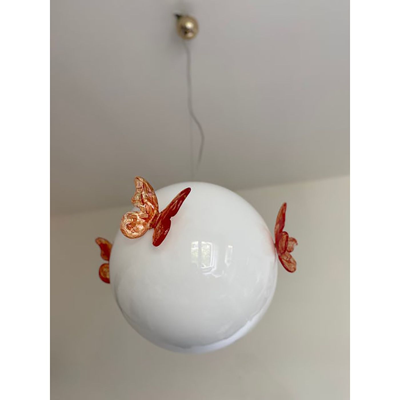 Italian Murano Style Glass Opalino Pendant With Red Butterfly photo for sale