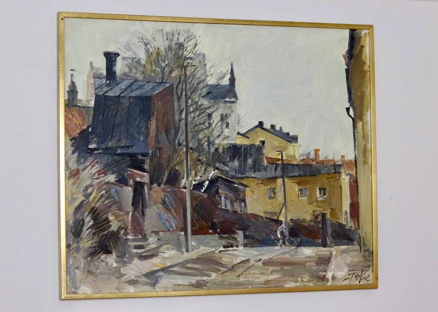 Mid Century Original Swedish Oil On Canvas "City Scene  Stockholm" By Adrian Van Arkel   Vintage & Framed photo furniture