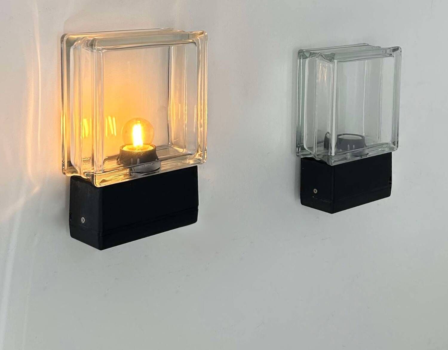 Pair Of Vintage Wall Lights, Glass And Black Metal, Italy 1980 photo furniture