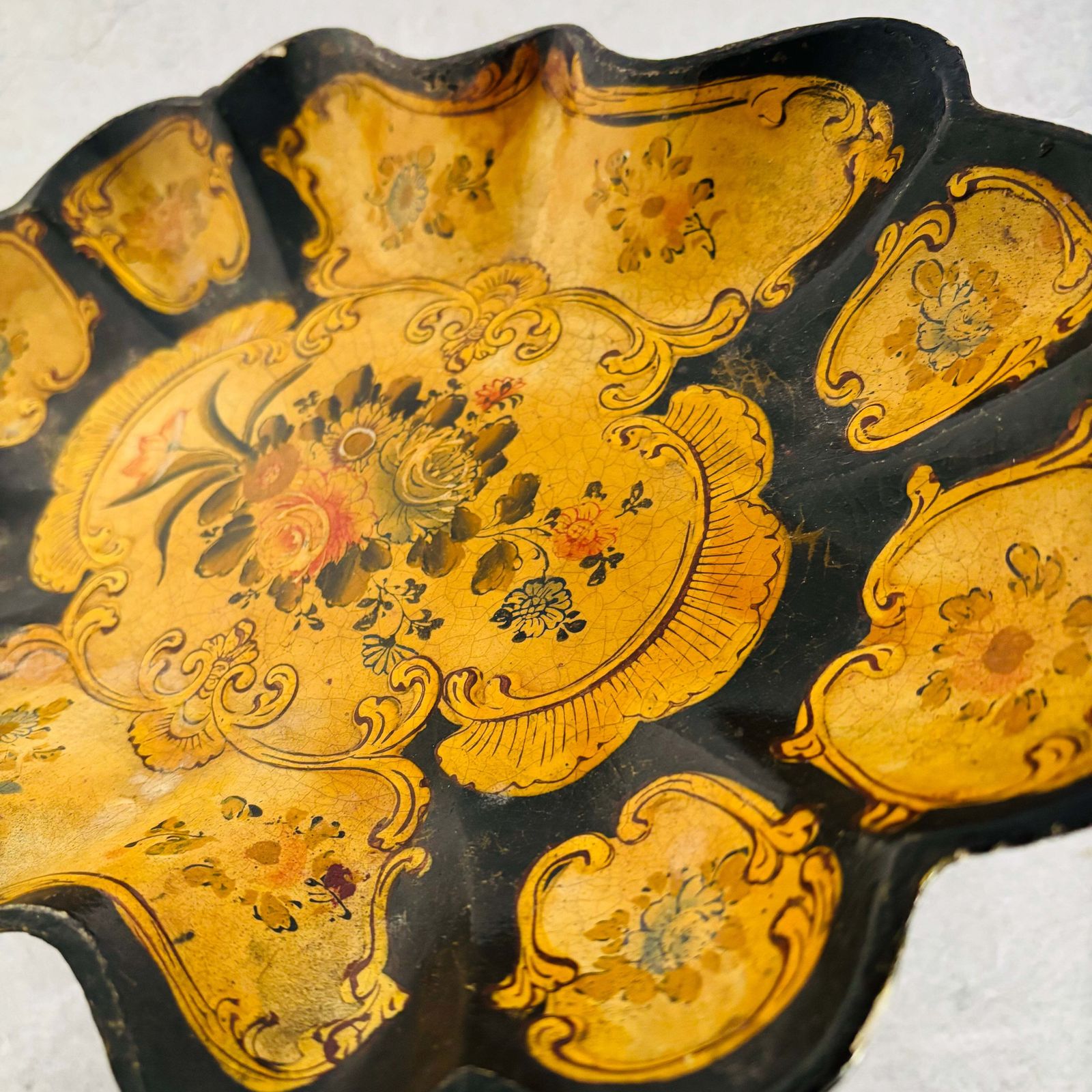 Antique Paper Mache Cream Floral Dish photo for sale