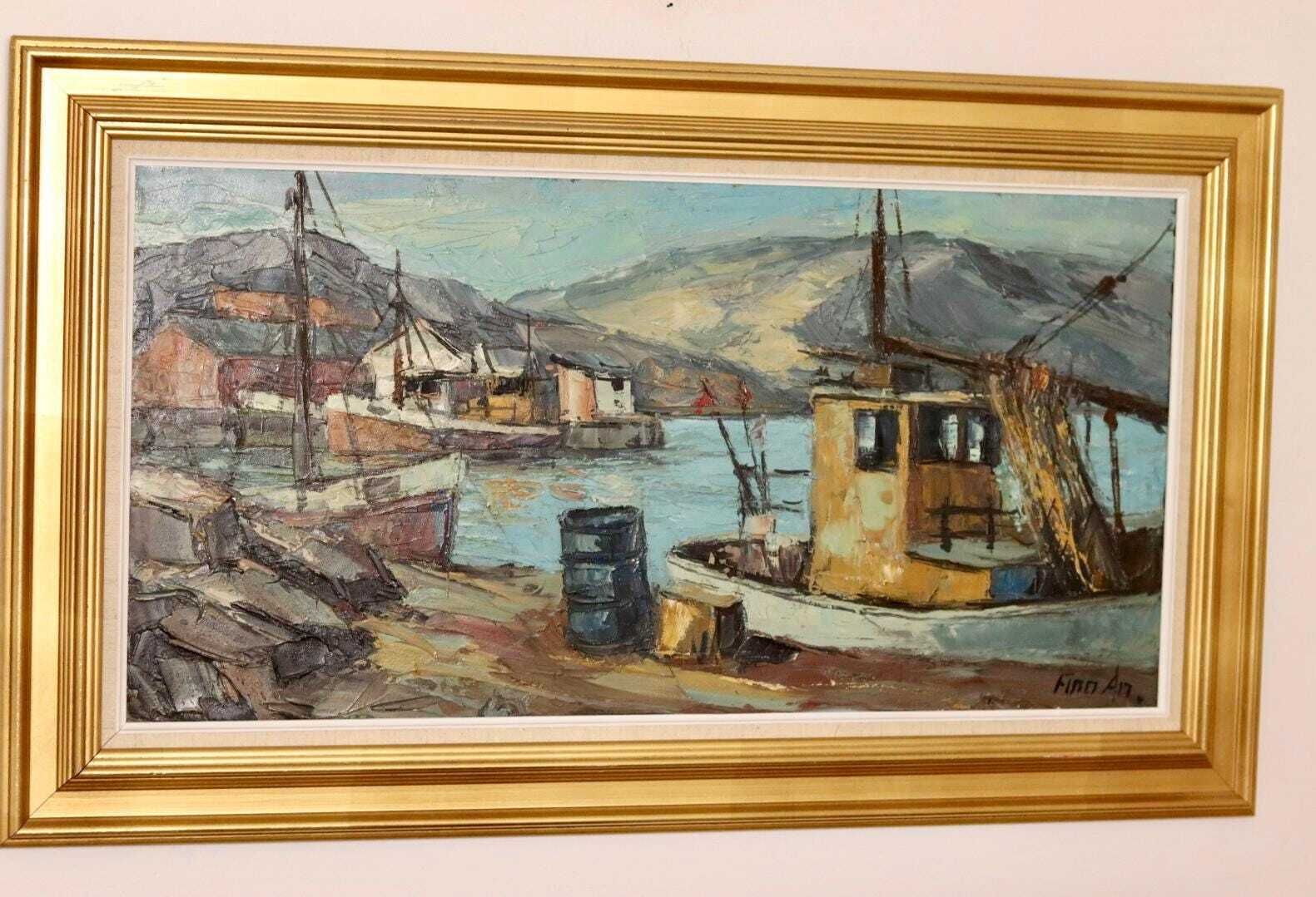 Mid Century Original Swedish Oil On Canvas "Harbour Scene With Fishing Boat" By Finn Andersen  Vintage & Framed photo for sale