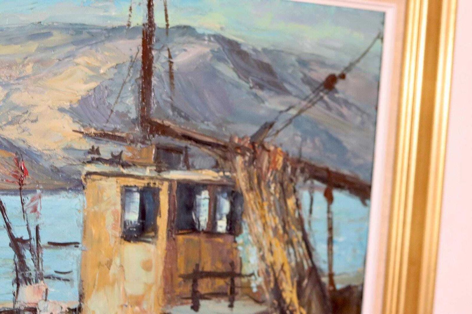 Mid Century Original Swedish Oil On Canvas "Harbour Scene With Fishing Boat" By Finn Andersen  Vintage & Framed photo vintage