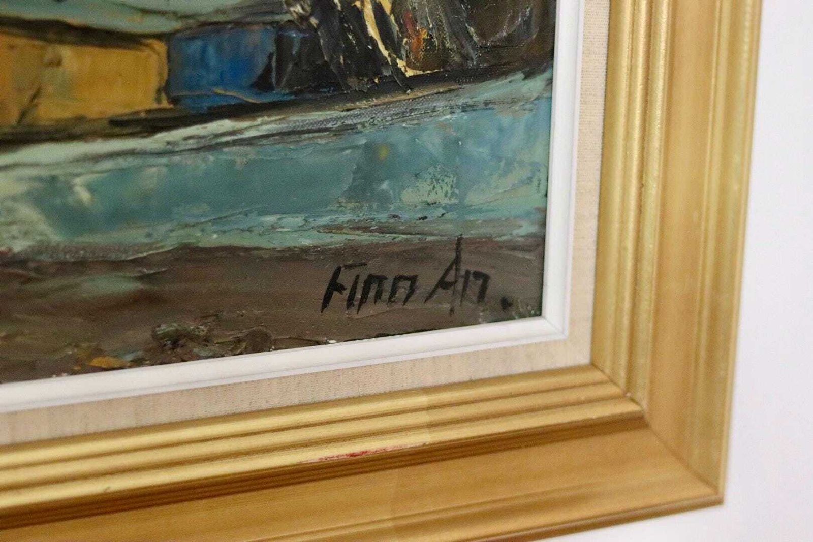 photo furniture Mid Century Original Swedish Oil On Canvas "Harbour Scene With Fishing Boat" By Finn Andersen  Vintage & Framed