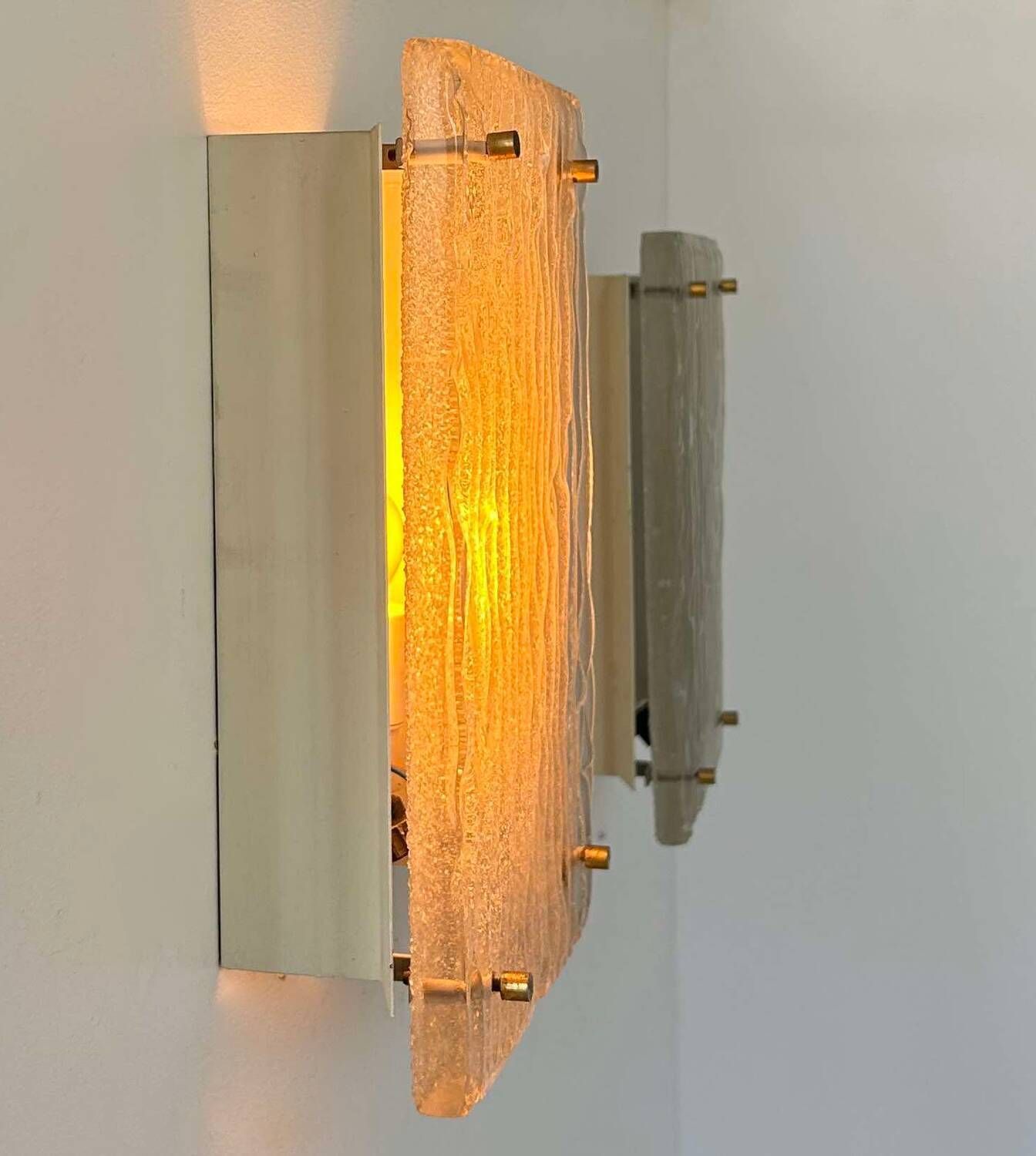 Pair Of Vintage Sconces, Molded Frosted Glass, Murano Italy 1970 photo for sale
