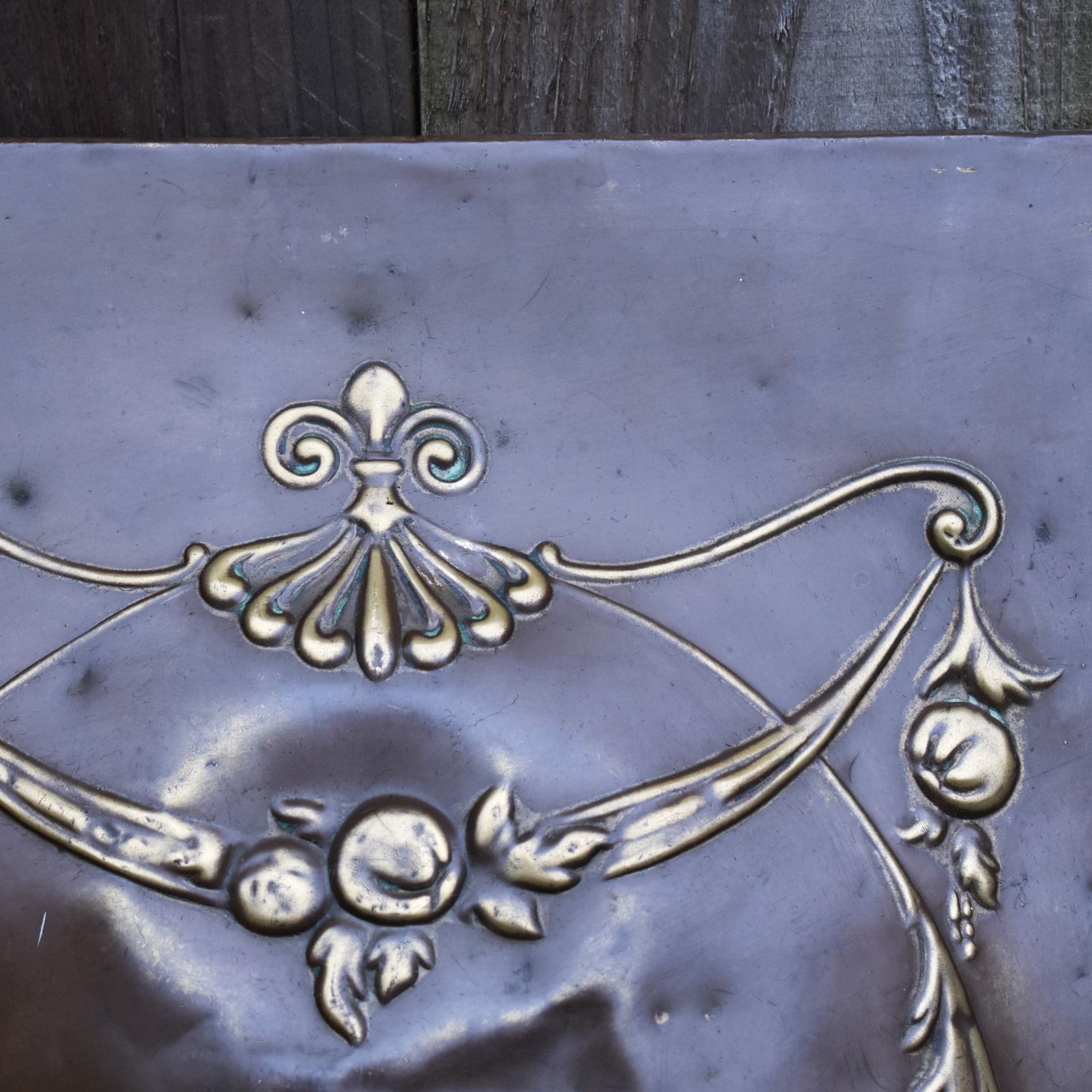 Antique Salvaged Repousse Copper On Cast Iron Open Fireplace Hood Ornate Panel photo 95.0