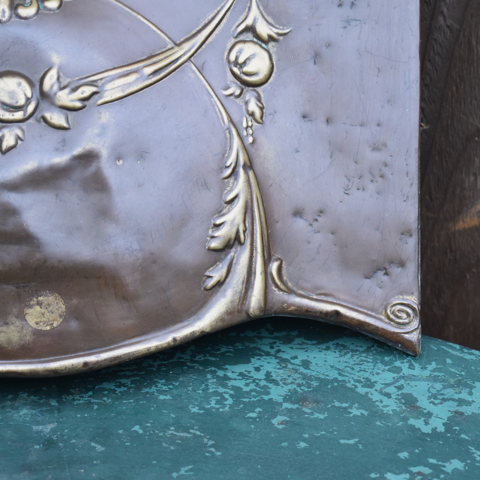 Antique Salvaged Repousse Copper On Cast Iron Open Fireplace Hood Ornate Panel photo vinterior