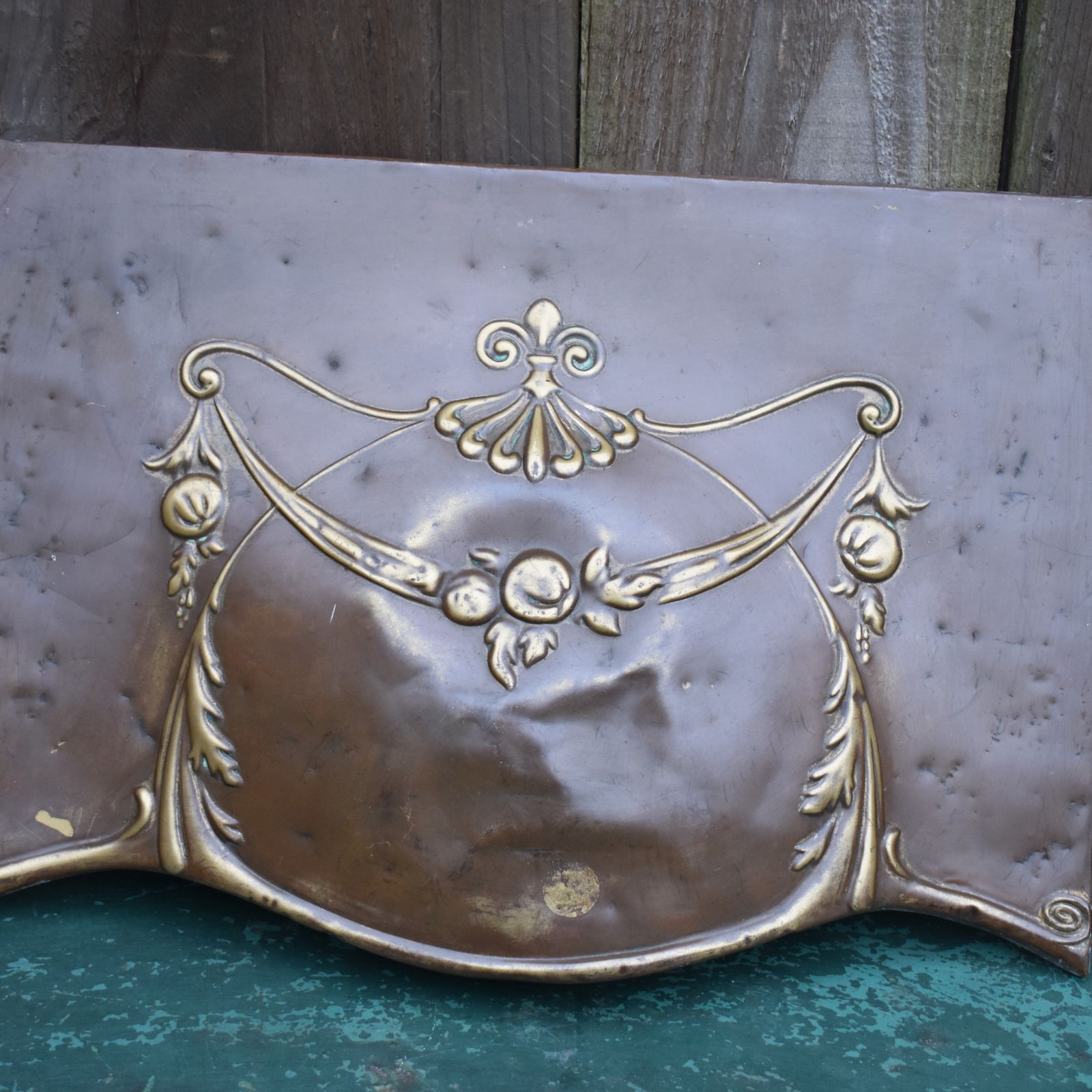 Antique Salvaged Repousse Copper On Cast Iron Open Fireplace Hood Ornate Panel photo buy
