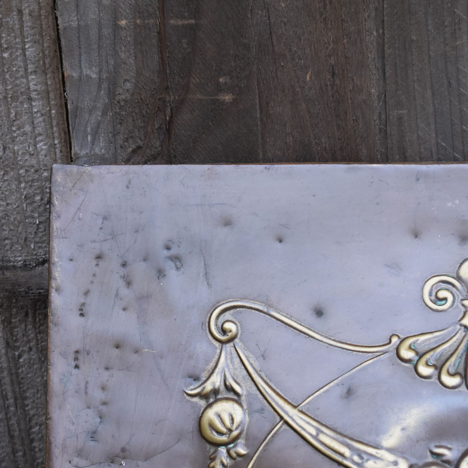 photo furniture Antique Salvaged Repousse Copper On Cast Iron Open Fireplace Hood Ornate Panel