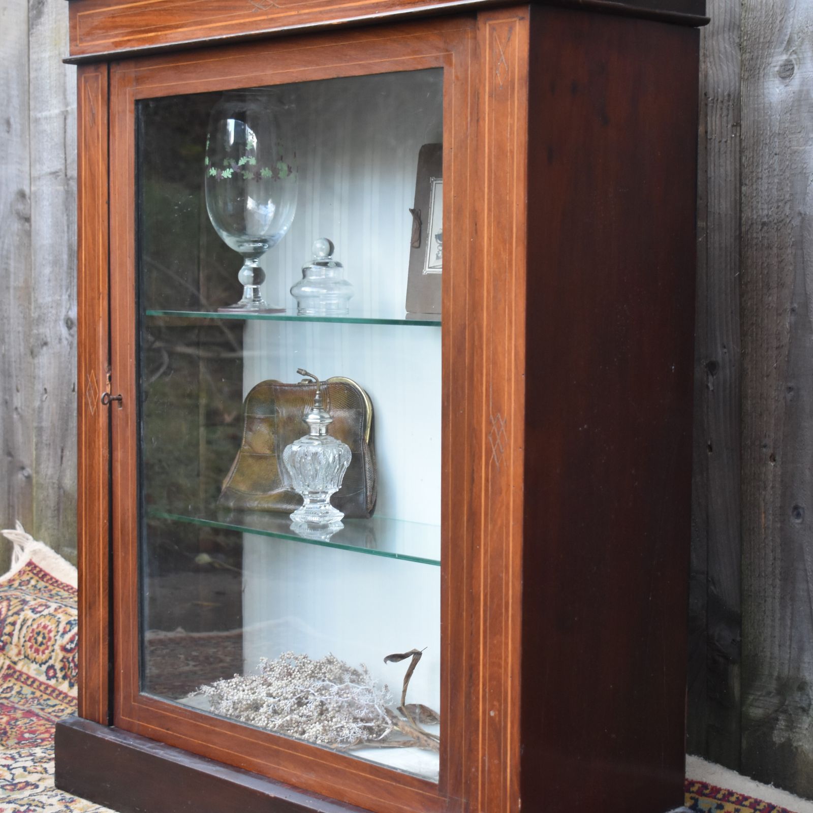 Antique Mahogany Inlaid Satinwood Floor Standing Glazed Display Pier Cabinet photo vinterior