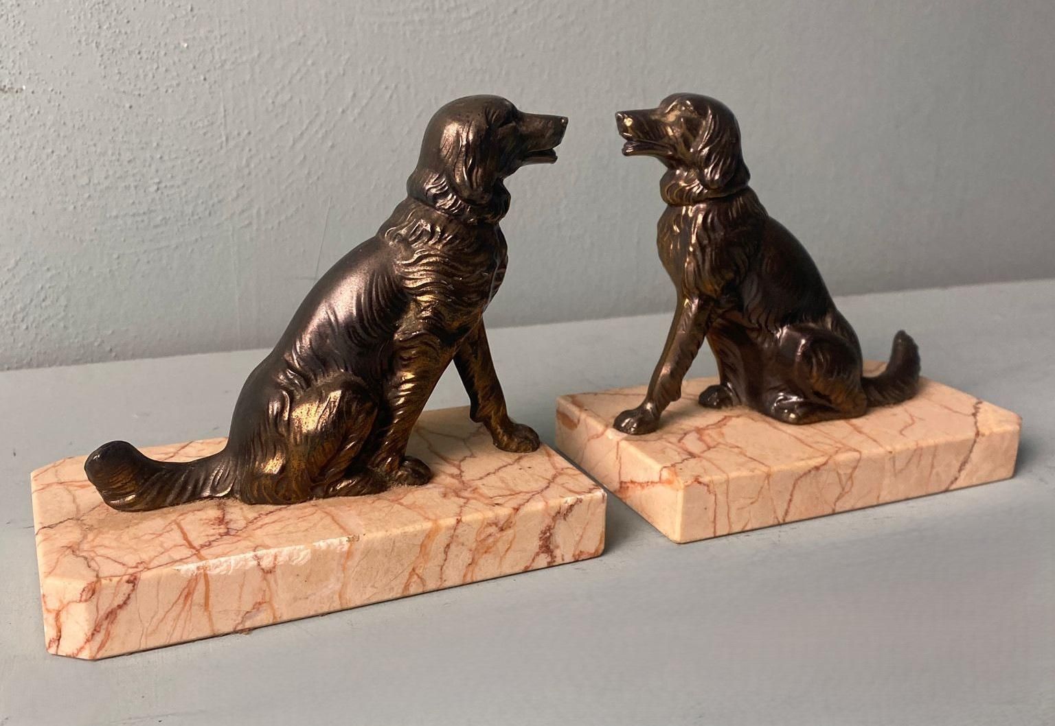 Art Deco France Pair Of Metal Bookends Featuring Dogs With A Fine Marble Base photo furniture