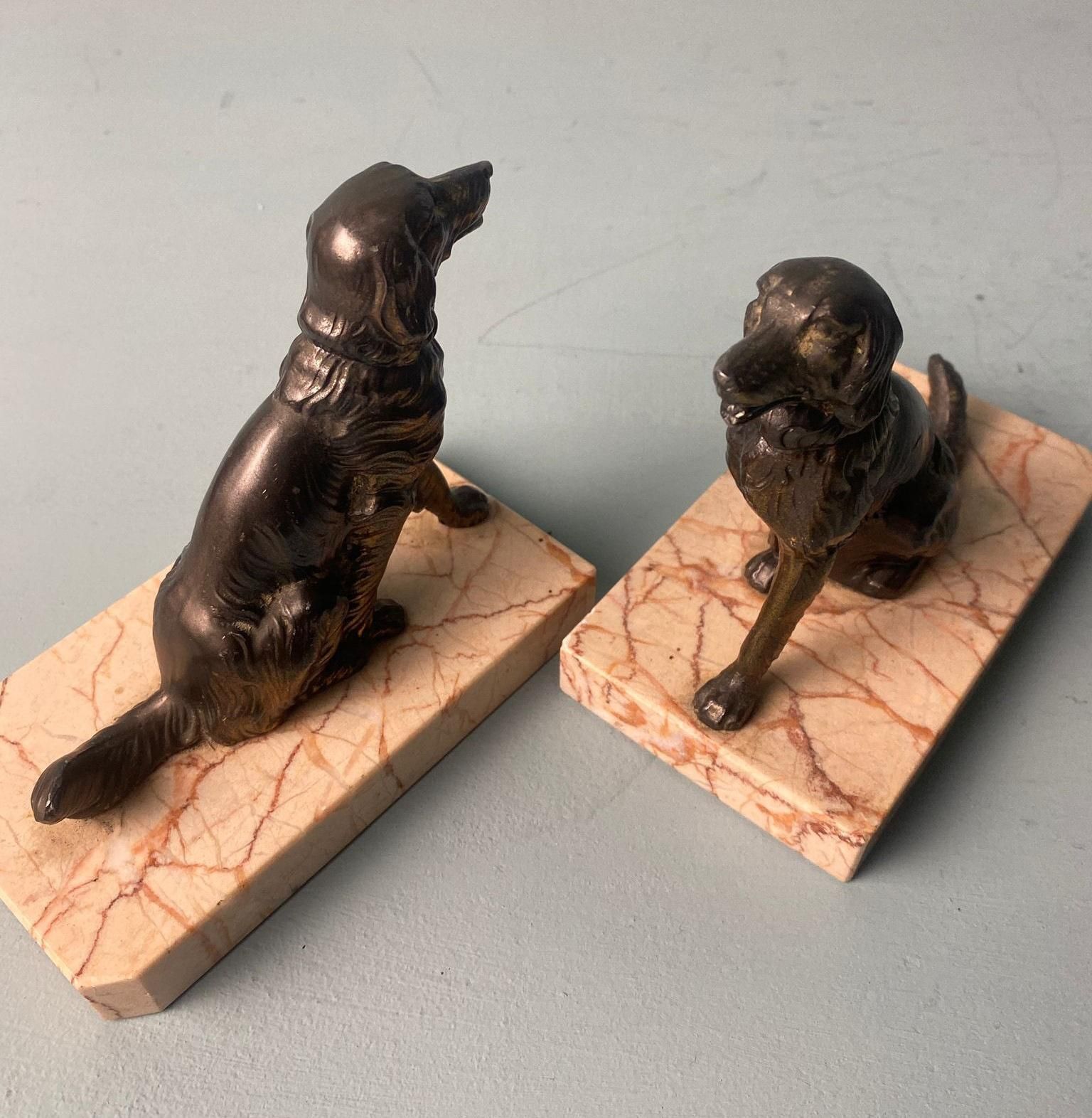 Art Deco France Pair Of Metal Bookends Featuring Dogs With A Fine Marble Base photo Home Decor